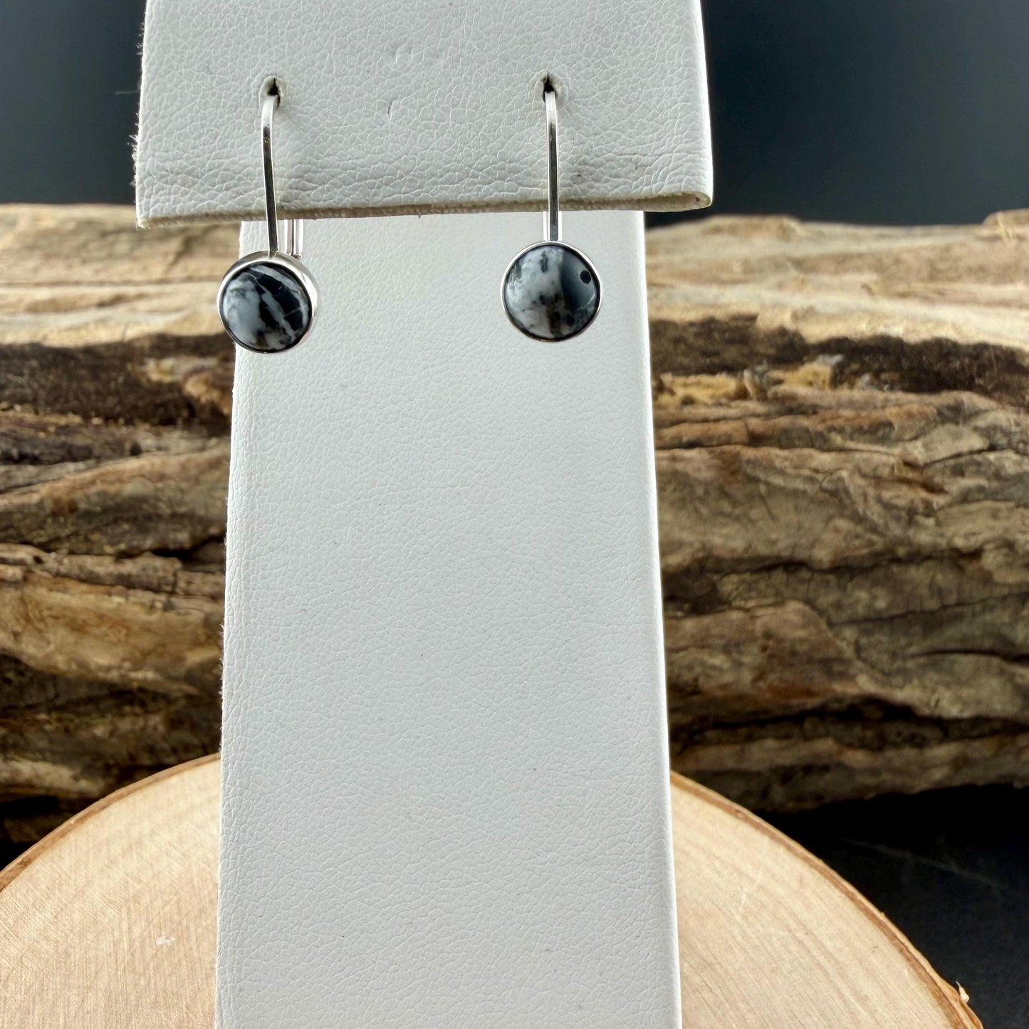 Sterling White Buffalo Lever Back Earrings • 6mm Round Cabochon • Minimalist Black-White Stone