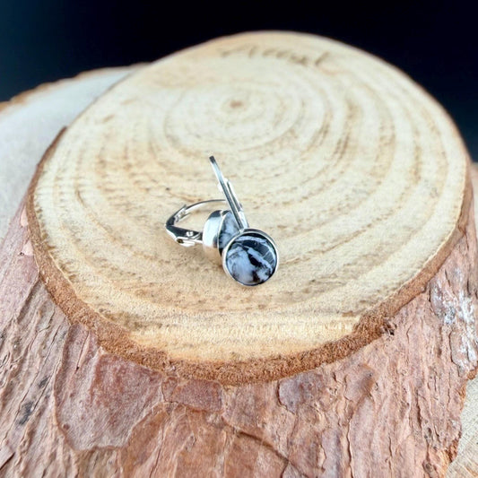 Sterling White Buffalo Lever Back Earrings • 6mm Round Cabochon • Minimalist Black-White Stone
