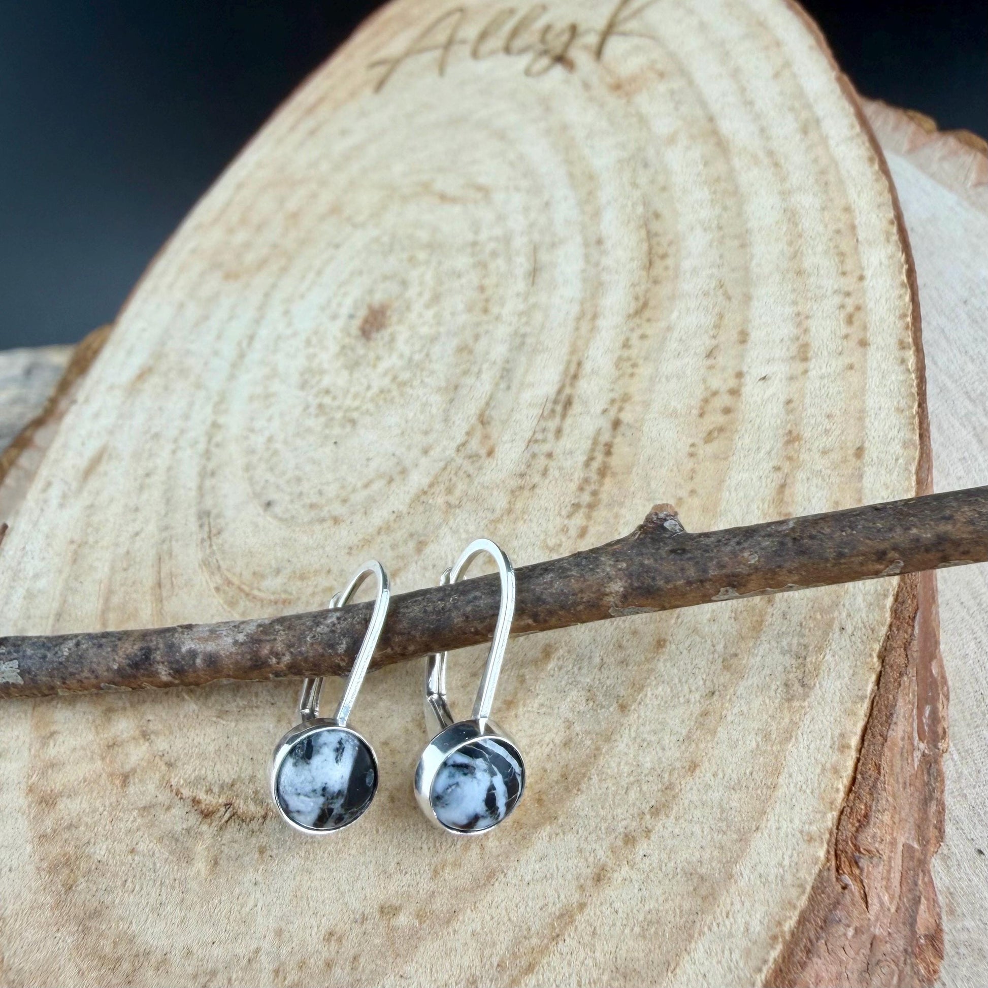Sterling White Buffalo Lever Back Earrings • 6mm Round Cabochon • Minimalist Black-White Stone