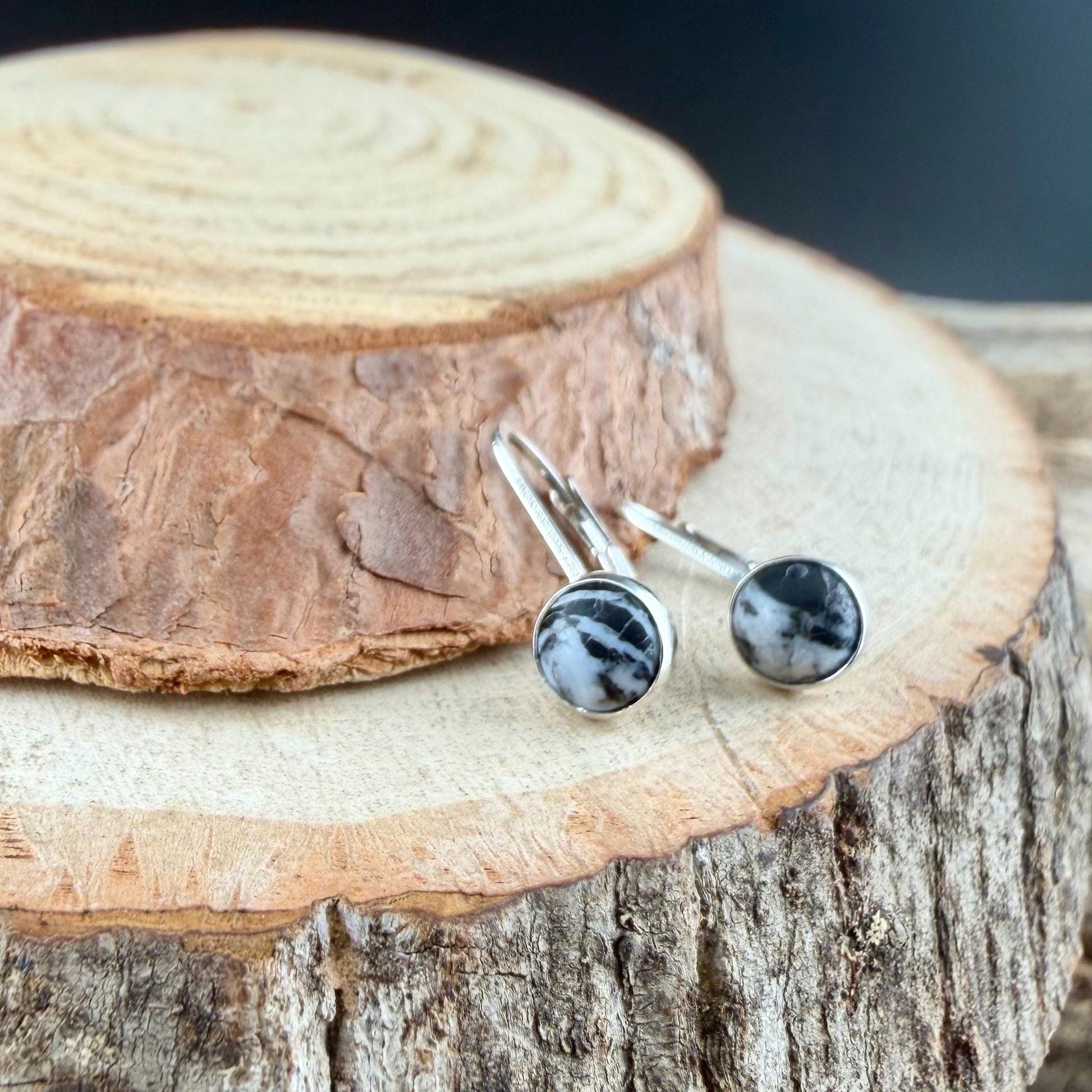 Sterling White Buffalo Lever Back Earrings • 6mm Round Cabochon • Minimalist Black-White Stone