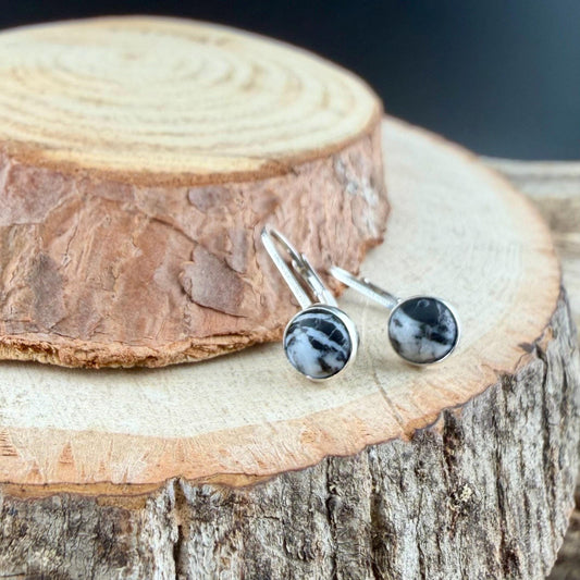 Sterling White Buffalo Lever Back Earrings • 6mm Round Cabochon • Minimalist Black-White Stone
