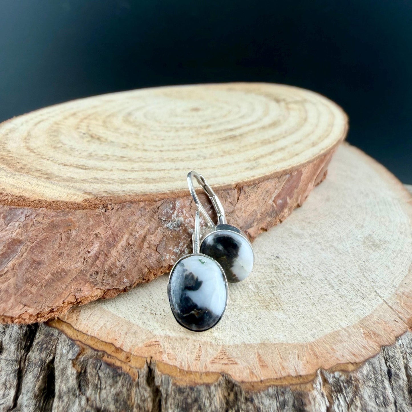 Sterling Lever-Back White Buffalo Earrings • 8x10 Oval Cabochon with Black-White Matrix