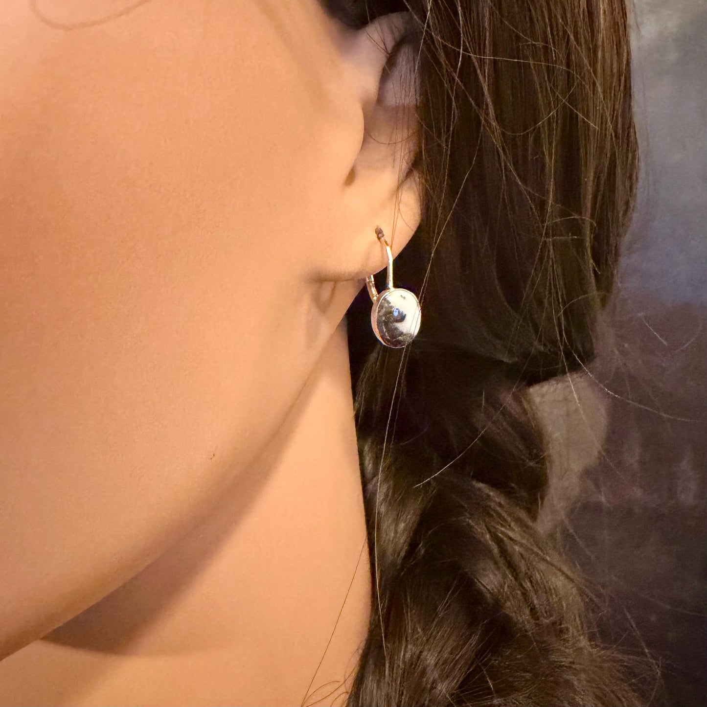 Sterling Lever-Back White Buffalo Earrings • 8x10 Oval Cabochon with Black-White Matrix