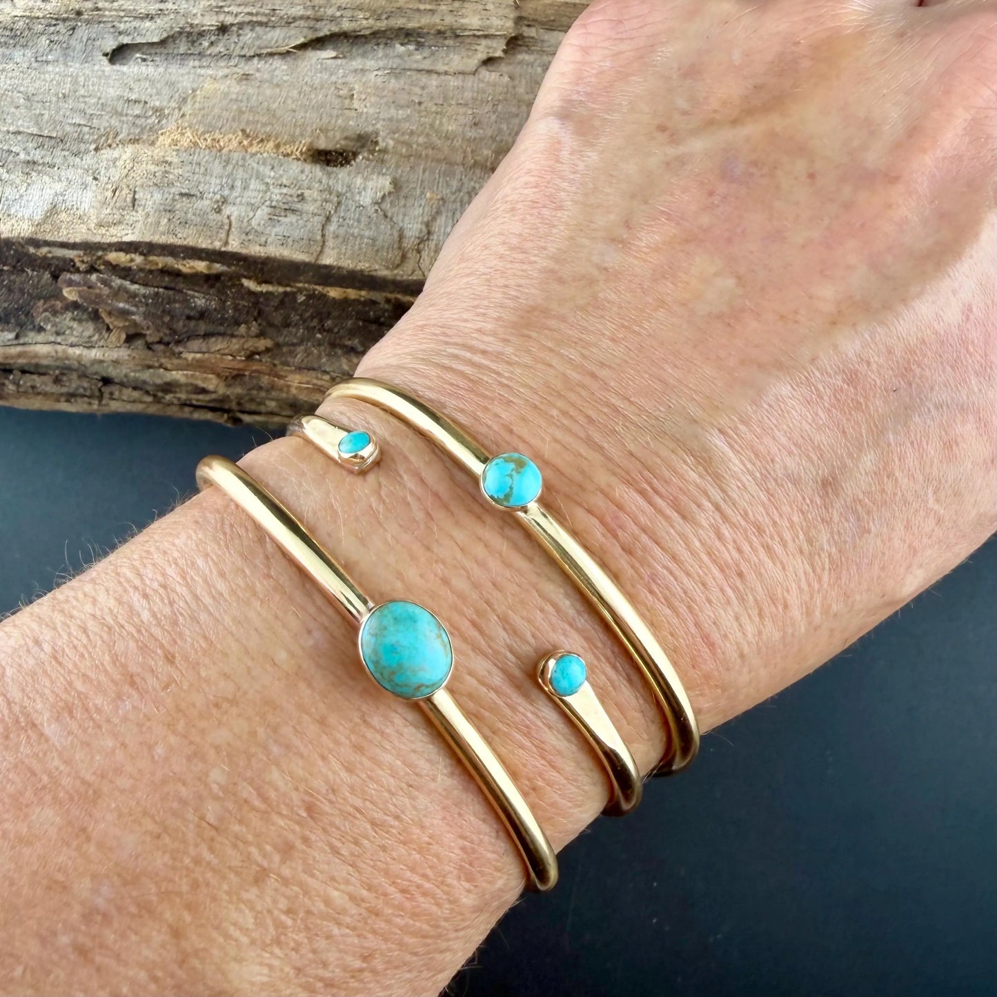Rustic Brass Cuff Set with Kingman Turquoise • Handcrafted 3-Piece Bracelet Collection