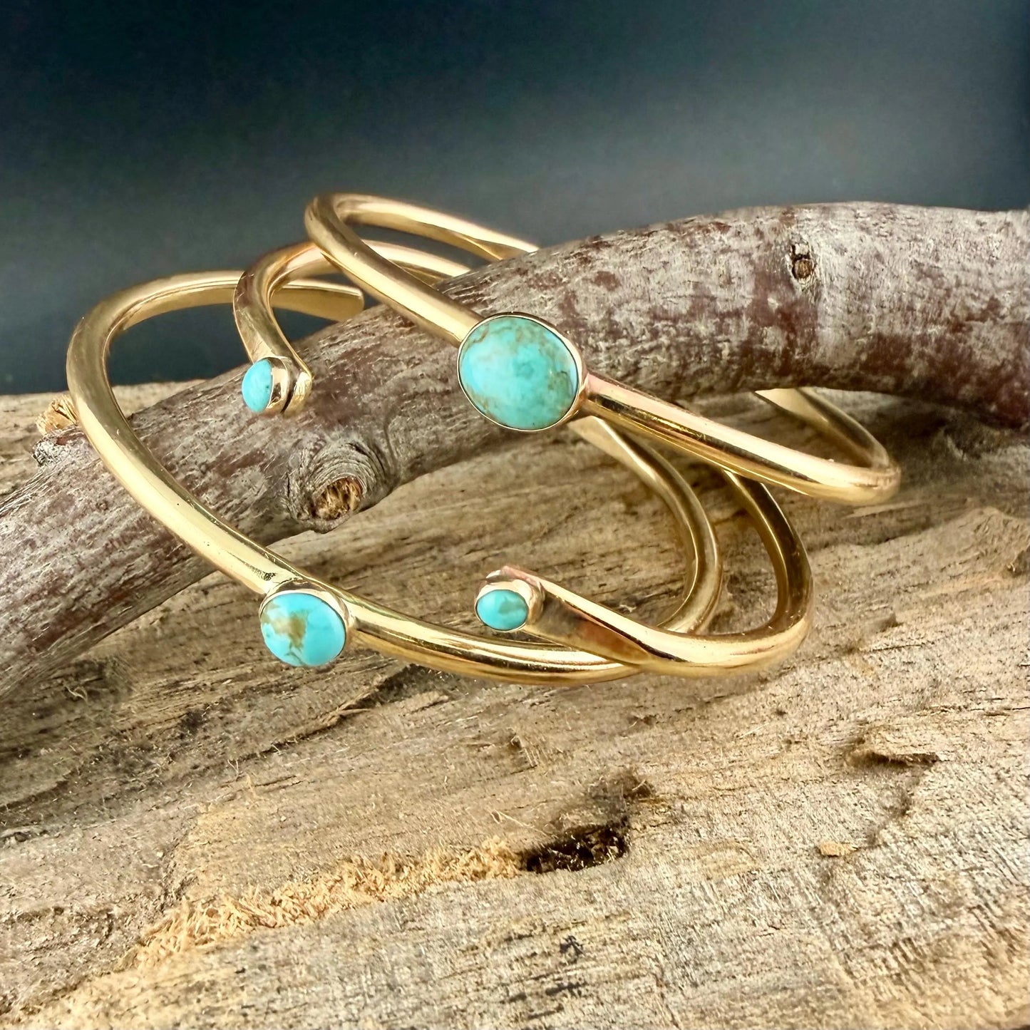 Rustic Brass Cuff Set with Kingman Turquoise • Handcrafted 3-Piece Bracelet Collection