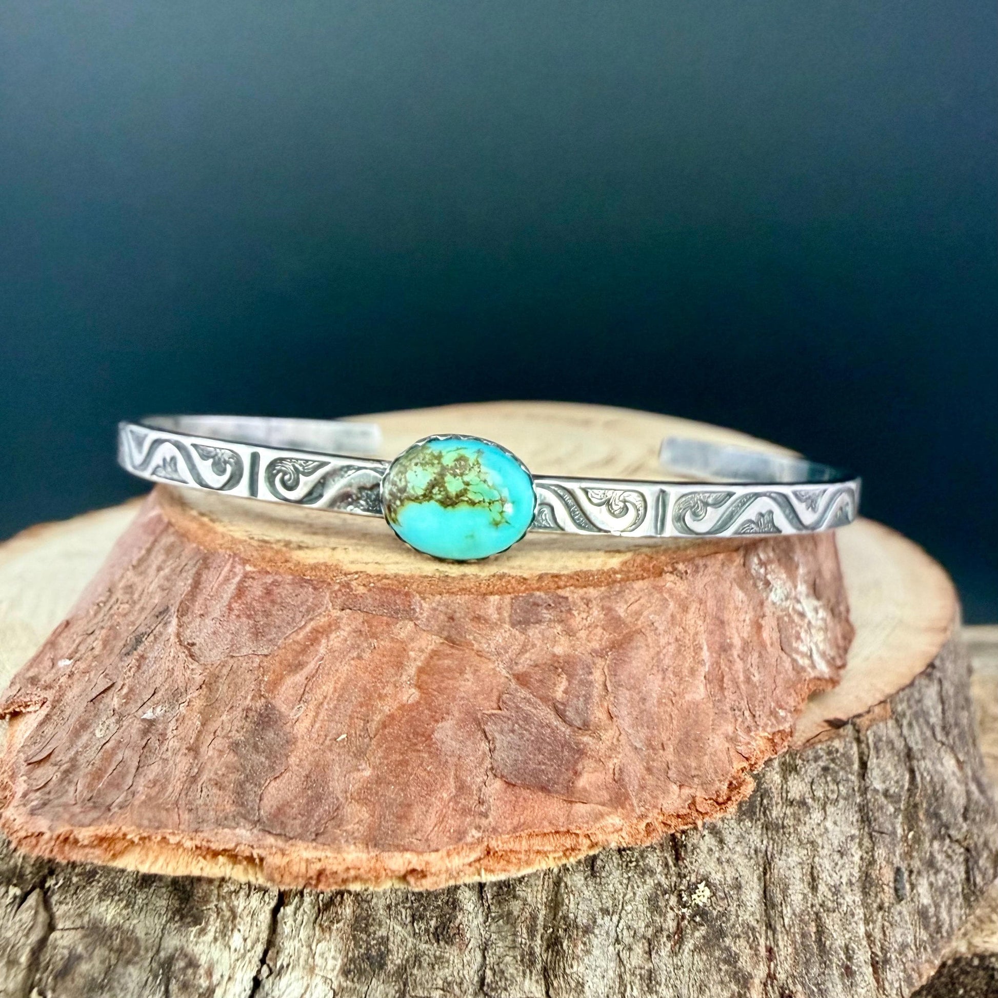 Kingman Turquoise Cuff Bracelet • Sterling Silver Scroll Band • 8×10 Oval Gemstone