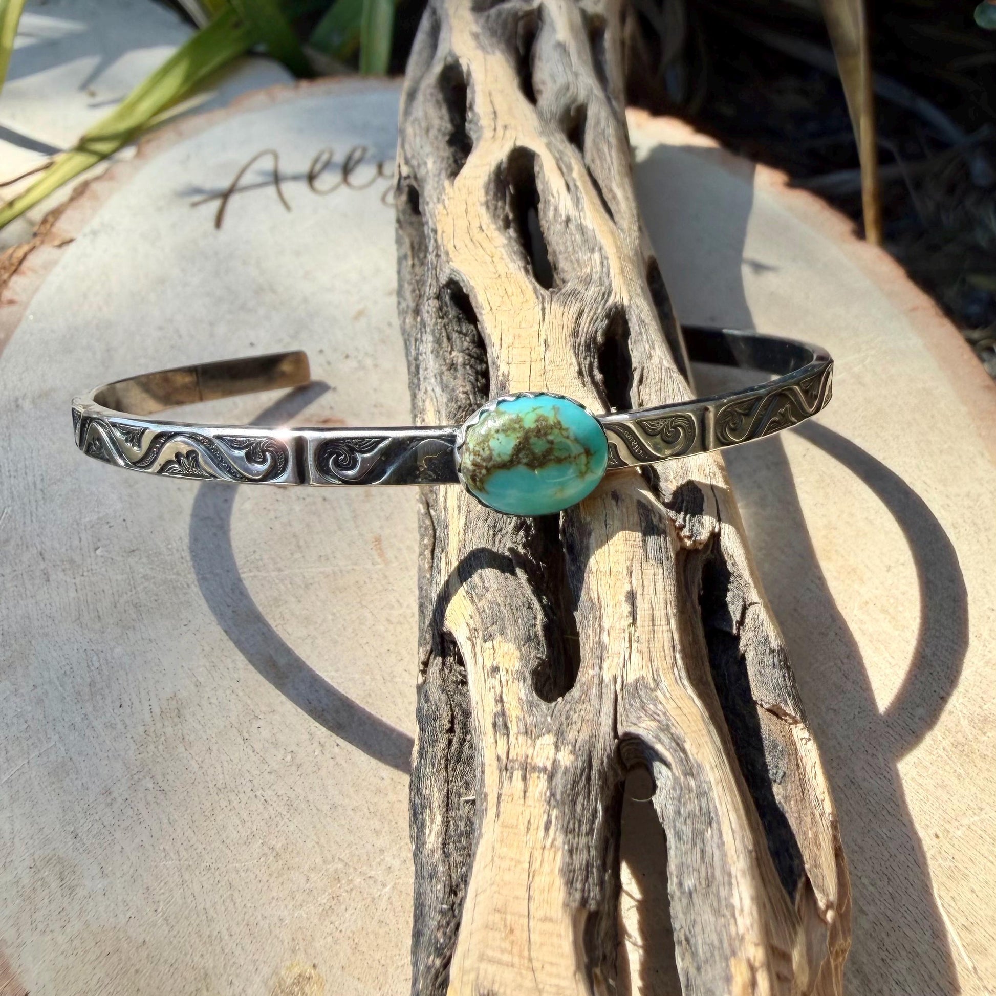Kingman Turquoise Cuff Bracelet • Sterling Silver Scroll Band • 8×10 Oval Gemstone