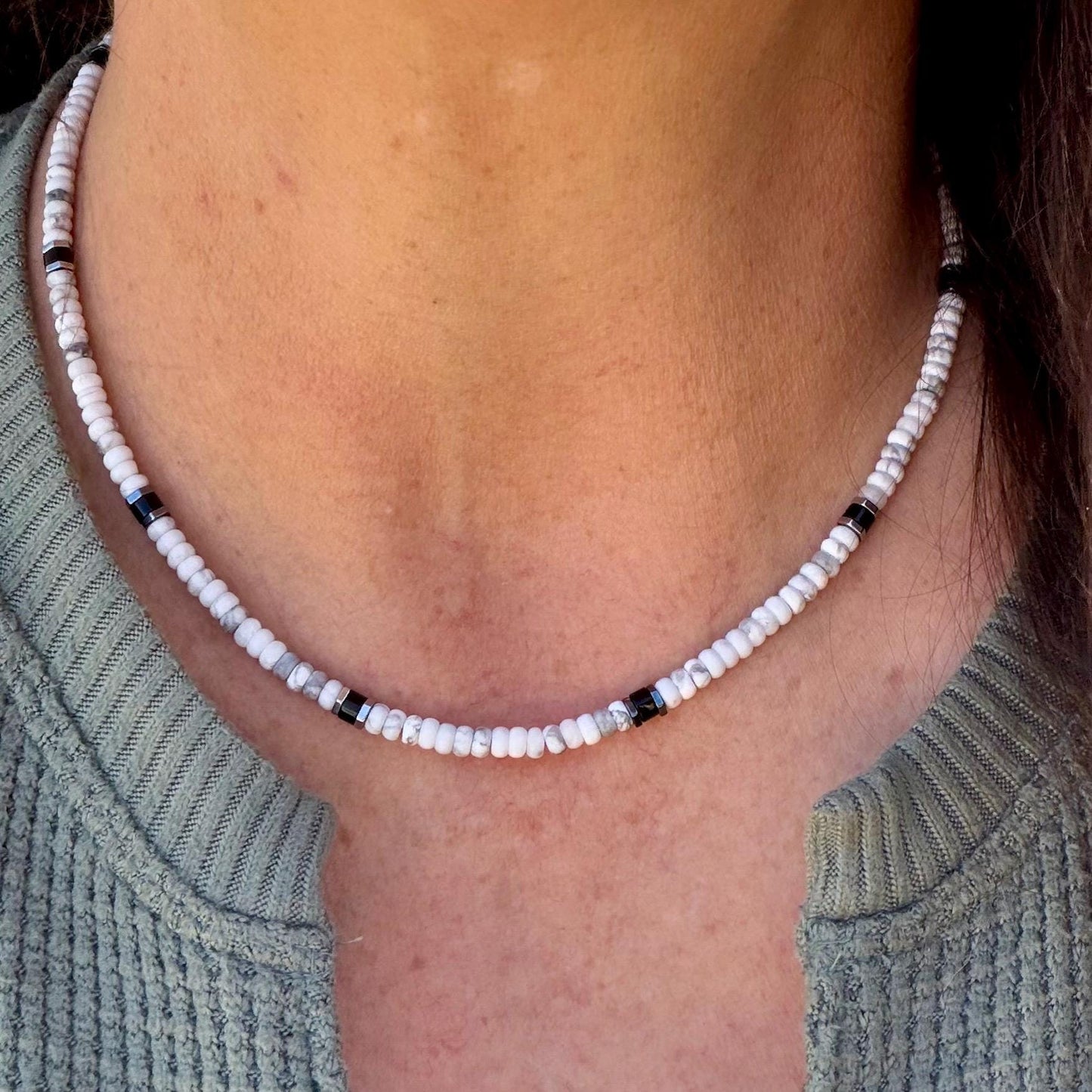 White Howlite & Black Onyx Necklace | Sterling Silver Beaded Necklace | Unisex Minimalist Jewelry