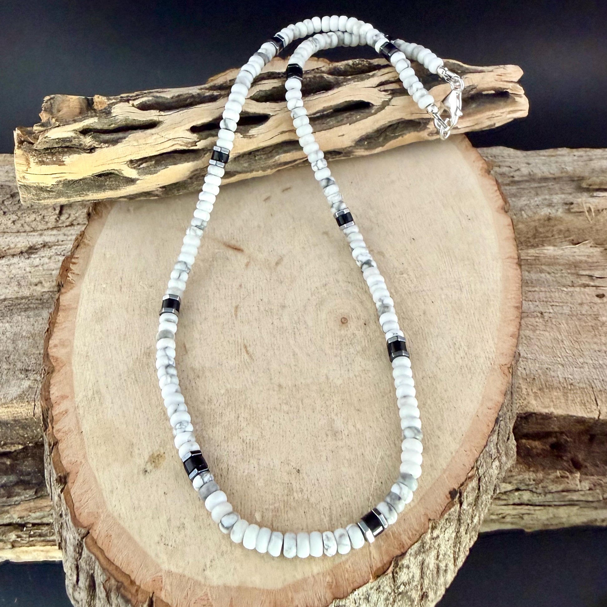 White Howlite & Black Onyx Necklace | Sterling Silver Beaded Necklace | Unisex Minimalist Jewelry