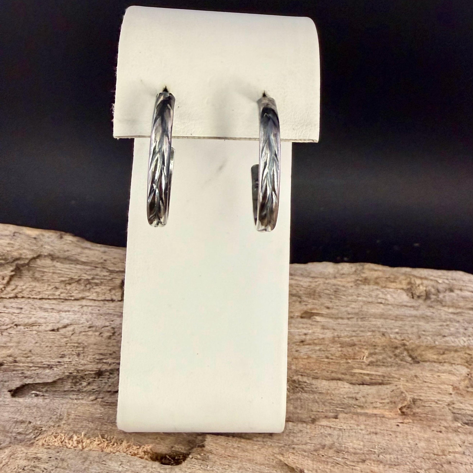 Argentium Silver Hoop Earrings • Push‑Back Post Hoops • Floral Leaf Pattern • Lightweight 925