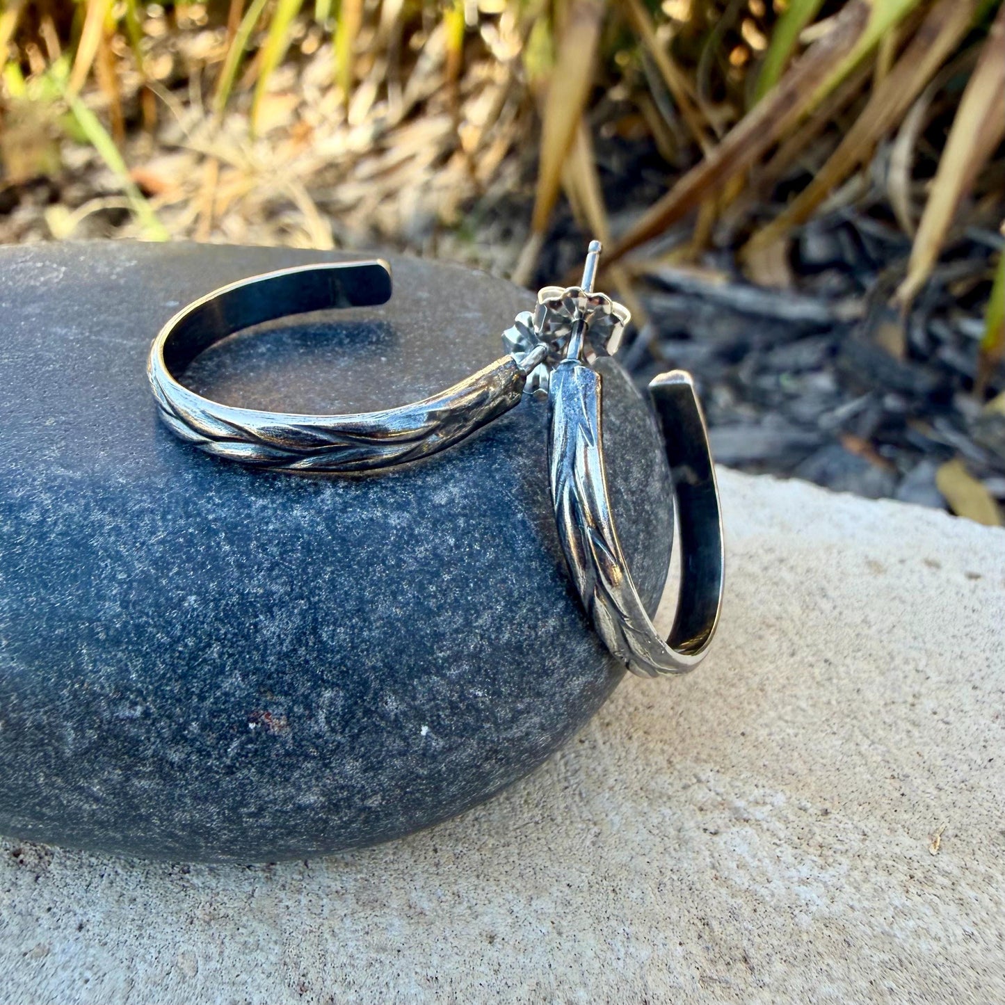Argentium Silver Hoop Earrings • Push‑Back Post Hoops • Floral Leaf Pattern • Lightweight 925