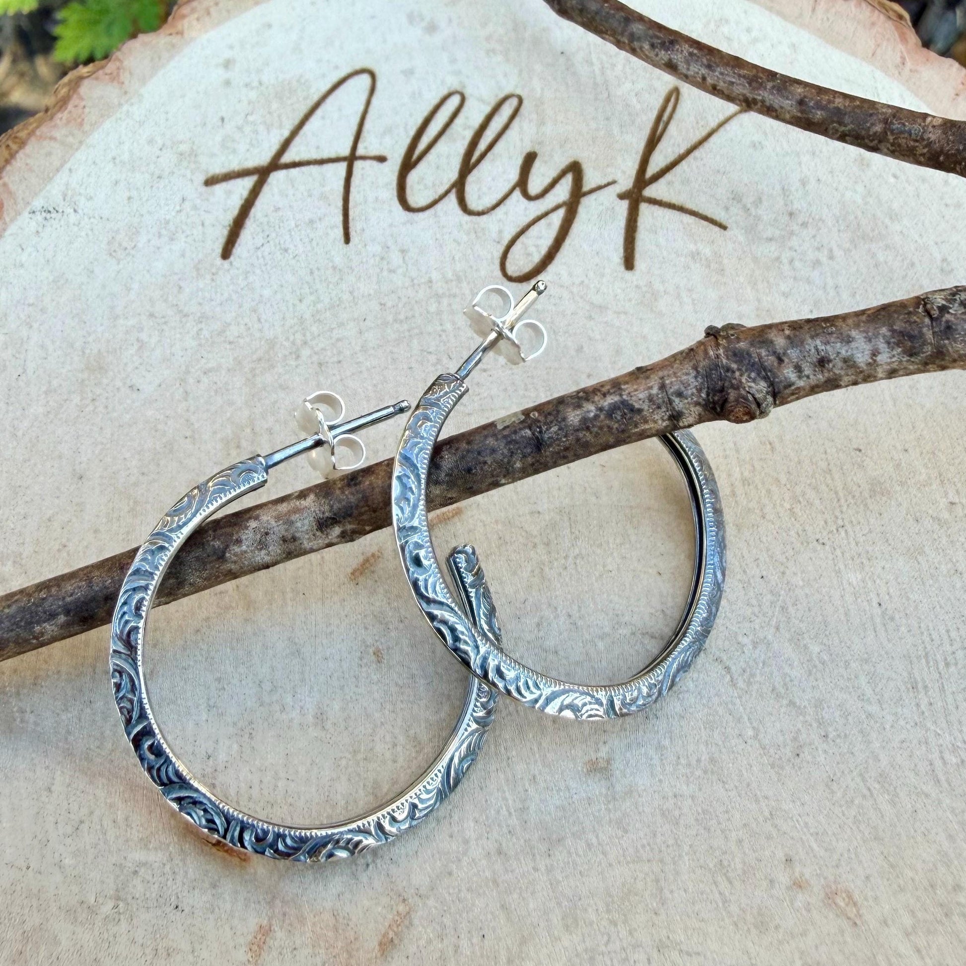 Sterling Silver Hoop Earrings • Push‑Back Post Hoops • Oxidized Swirl Pattern • Lightweight 925
