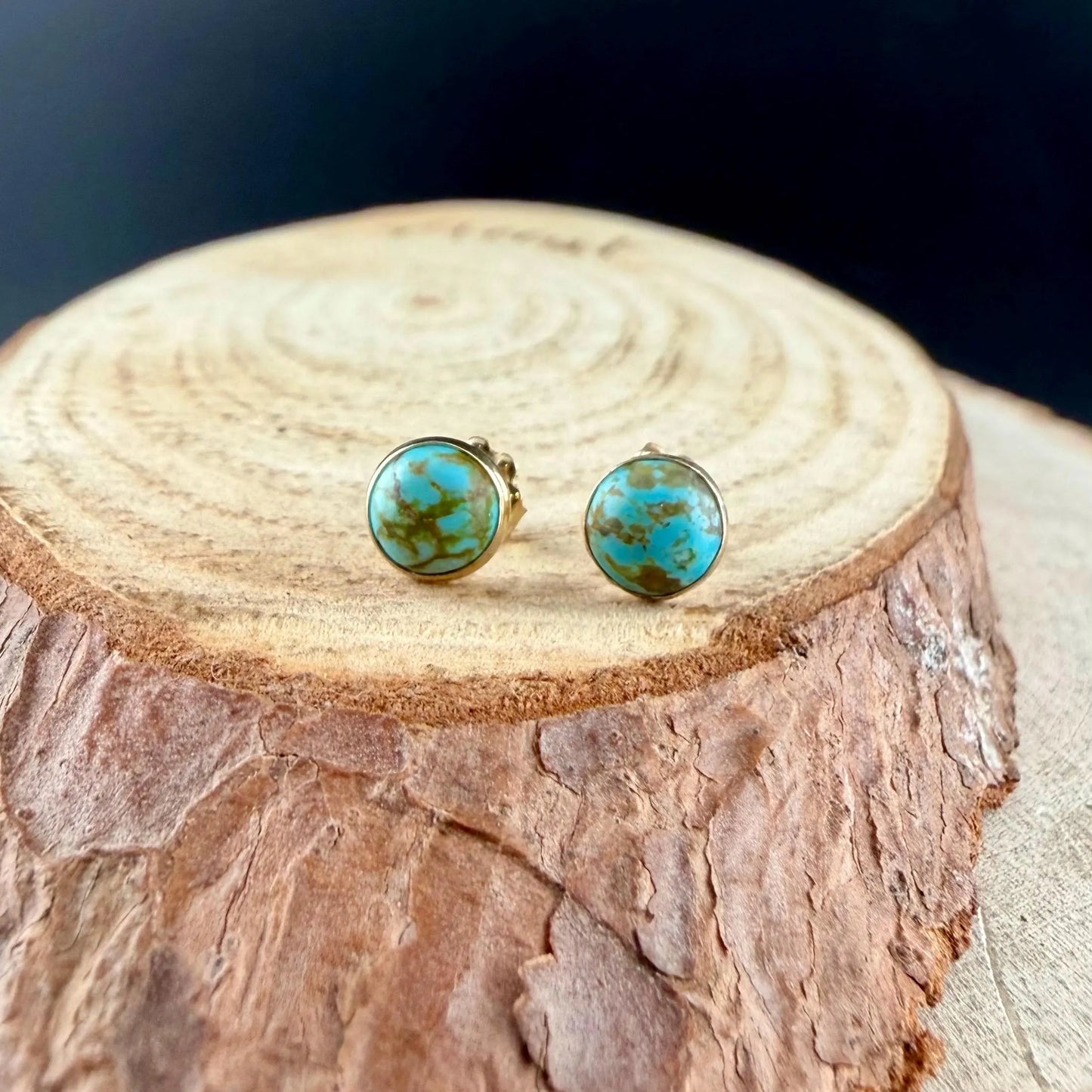 14k Gold Filled Kingman Turquoise Stud Earrings • 4mm 5mm 6mm • Sterling Silver Bezel