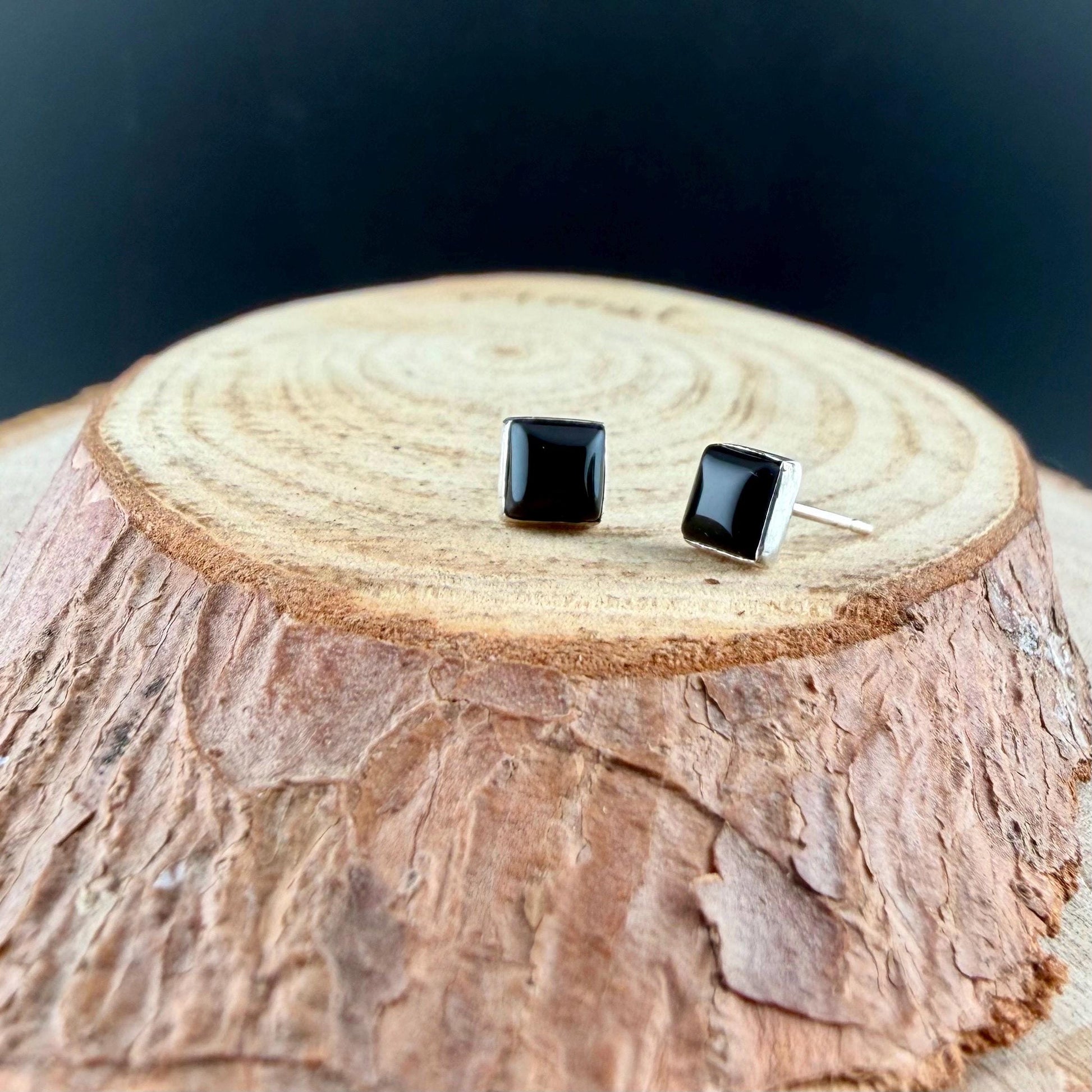Black Onyx Stud Earrings • 5mm Square • Sterling Silver Minimalist Posts