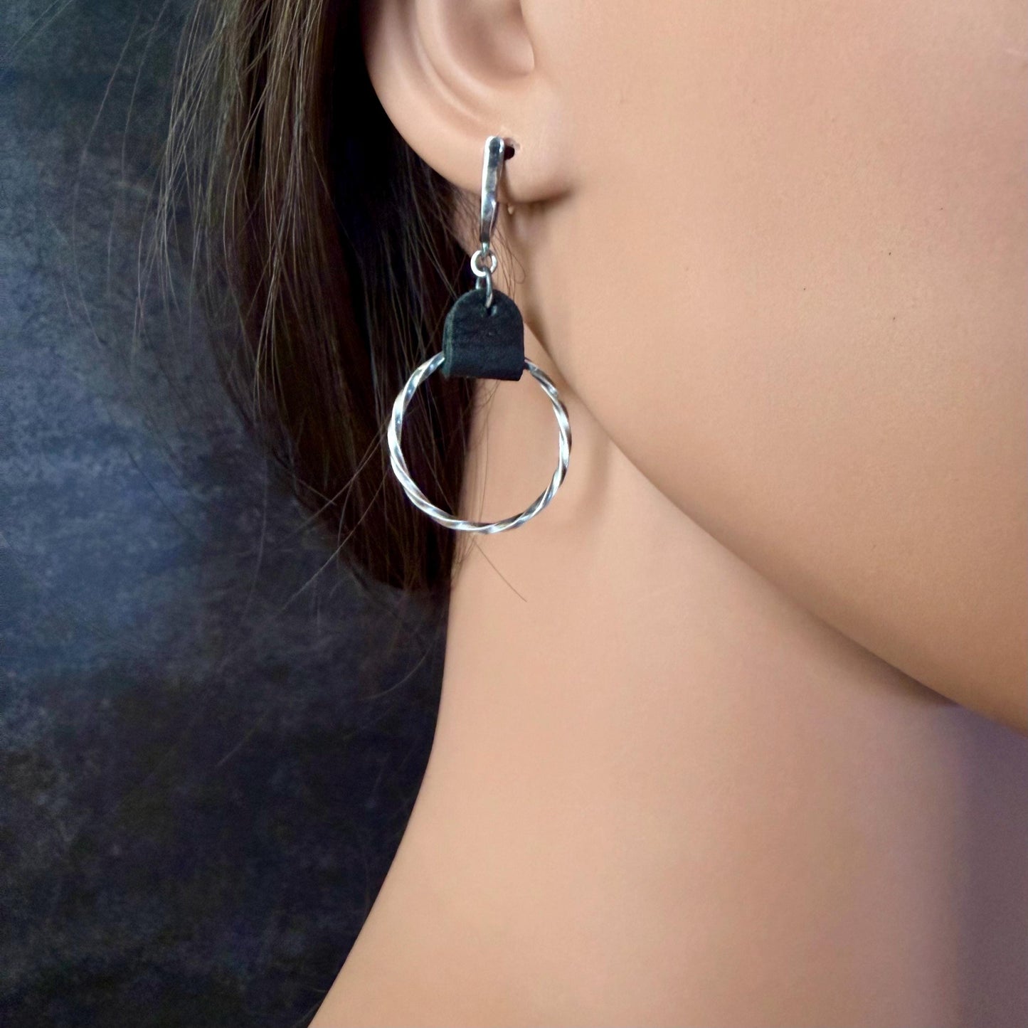 Lever Back Sterling Leather Earrings • Oxidized Twisted Rope Circles • Black or Brown