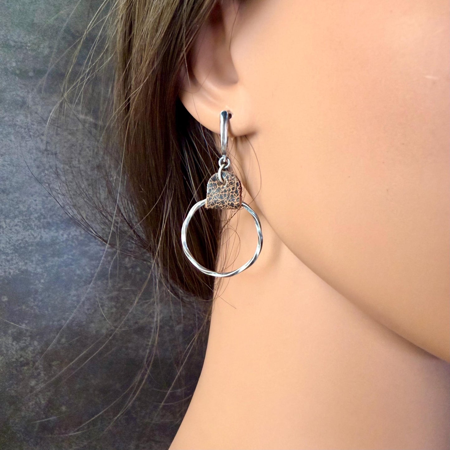 Lever Back Sterling Leather Earrings • Oxidized Twisted Rope Circles • Black or Brown