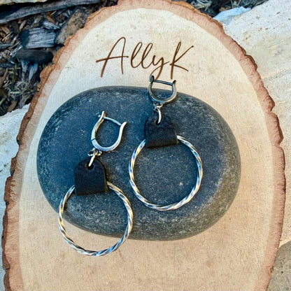 Lever Back Sterling Leather Earrings • Oxidized Twisted Rope Circles • Black or Brown
