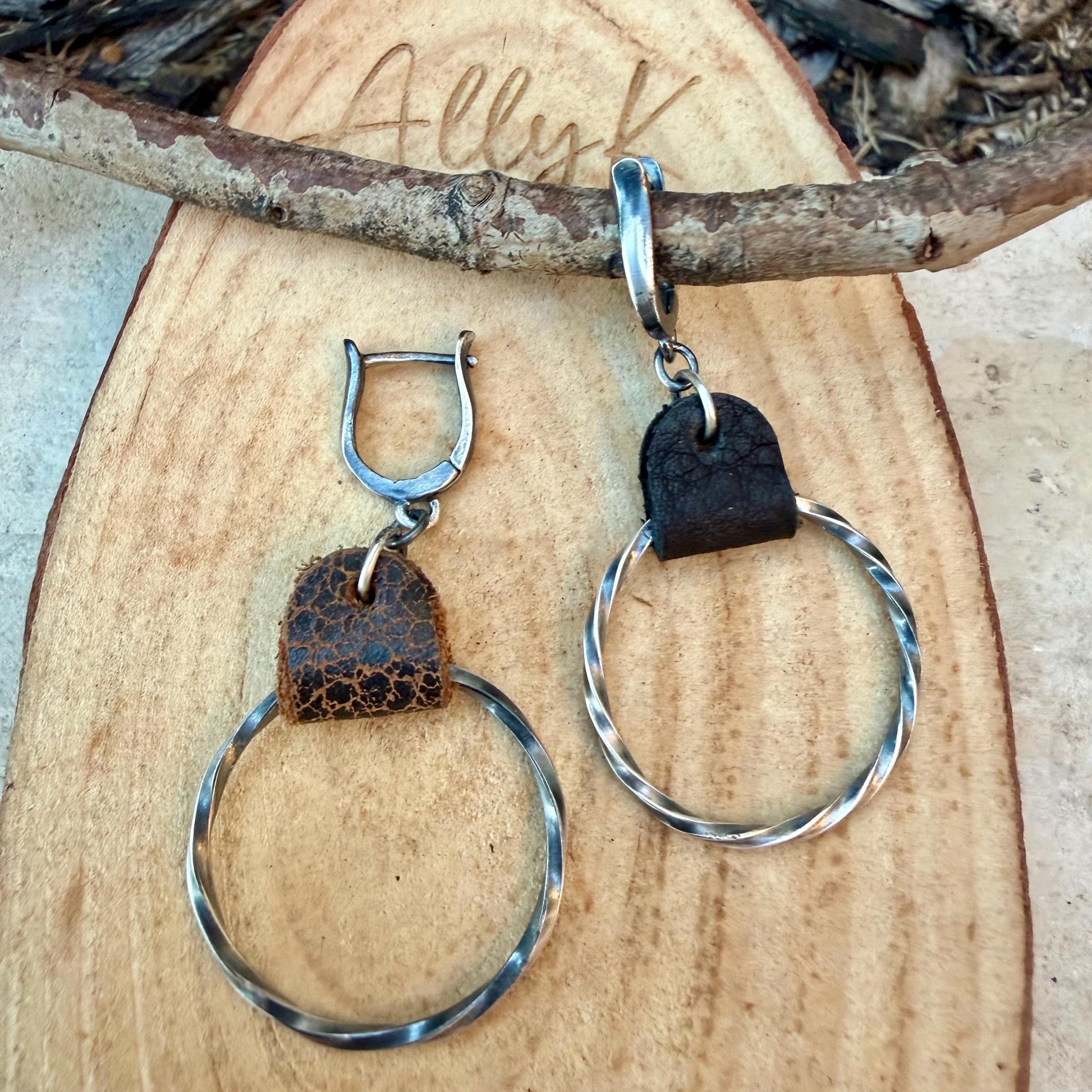 Lever Back Sterling Leather Earrings • Oxidized Twisted Rope Circles • Black or Brown