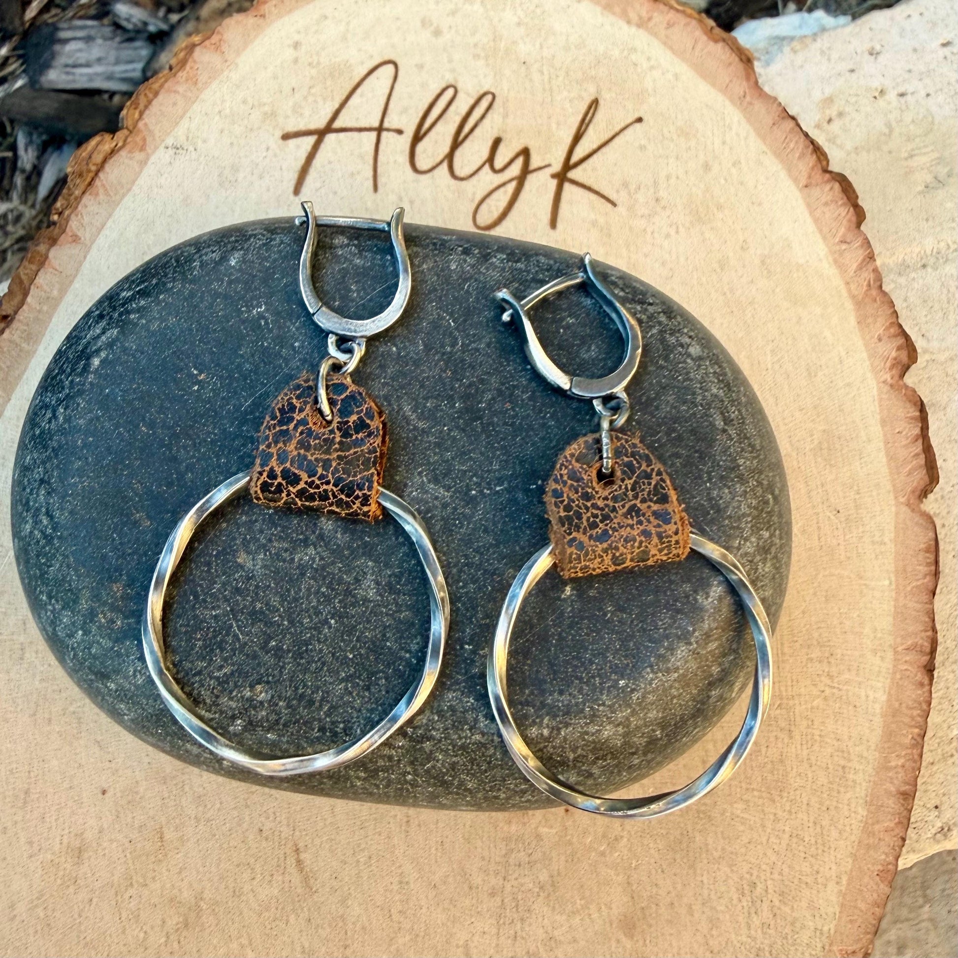 Lever Back Sterling Leather Earrings • Oxidized Twisted Rope Circles • Black or Brown