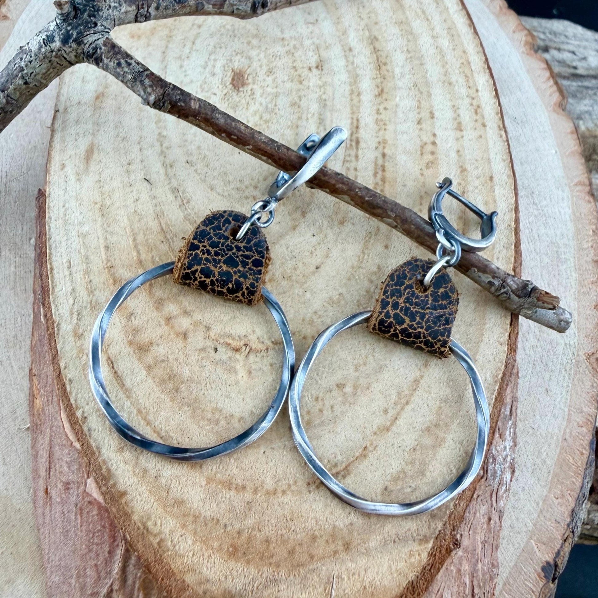 Lever Back Sterling Leather Earrings • Oxidized Twisted Rope Circles • Black or Brown