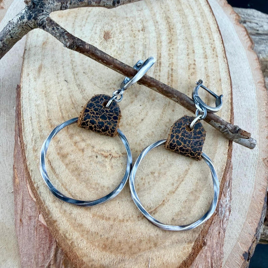 Lever Back Sterling Leather Earrings • Oxidized Twisted Rope Circles • Black or Brown