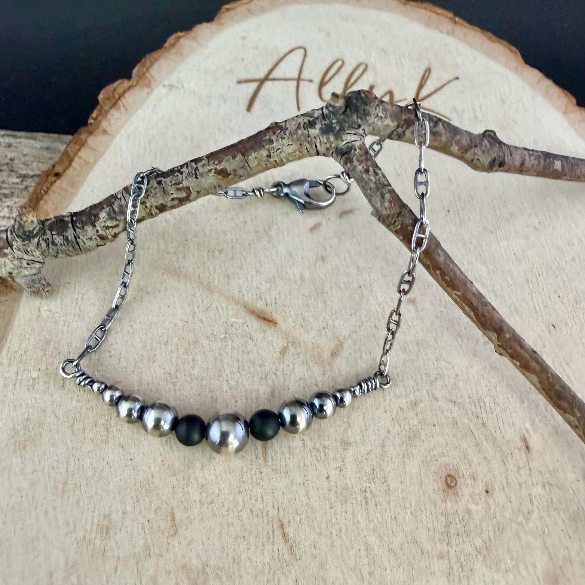 Navajo Pearl & Onyx Graduated Bar Chain Bracelet | Sterling Silver Southwest Elegance