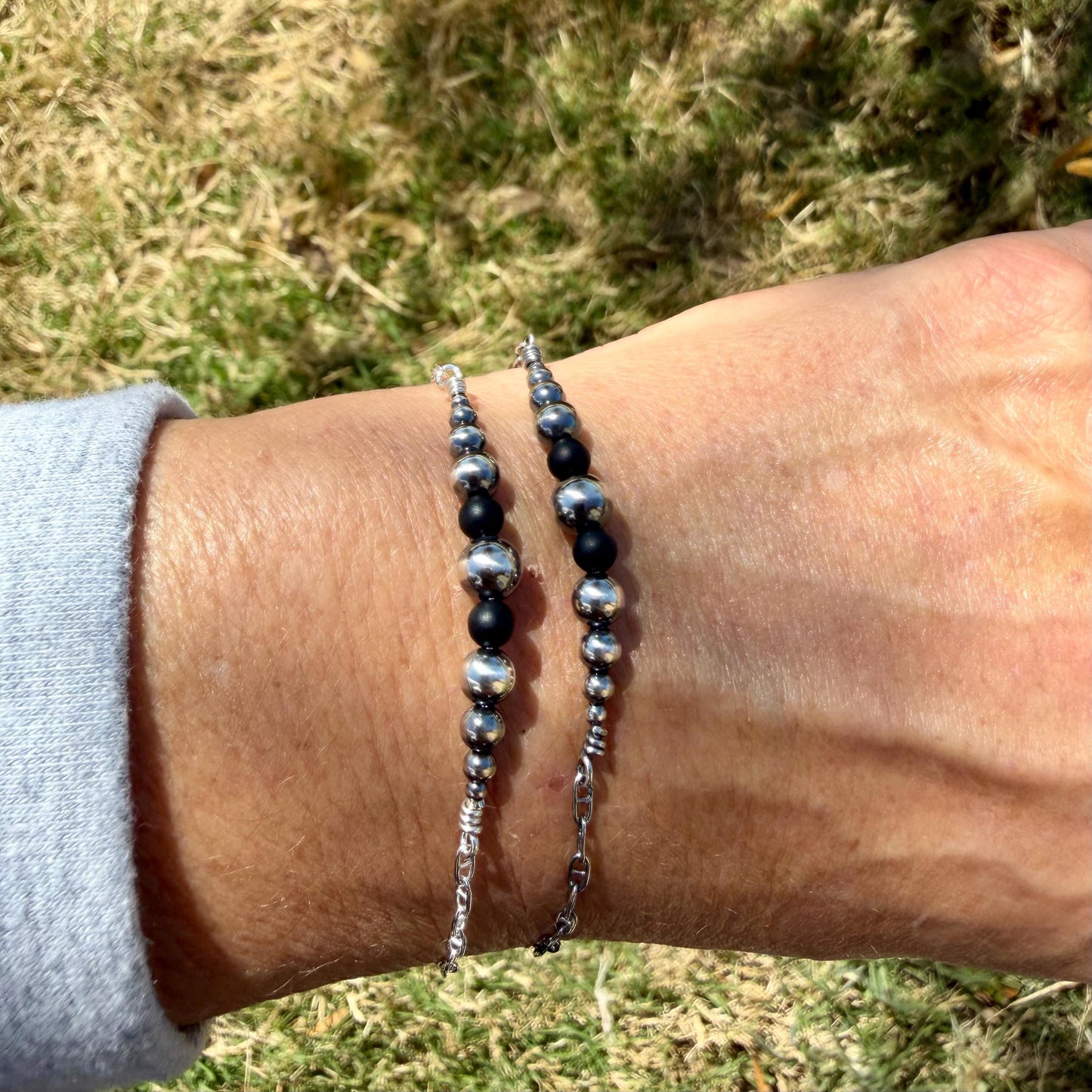 Navajo Pearl & Onyx Graduated Bar Chain Bracelet | Sterling Silver Southwest Elegance