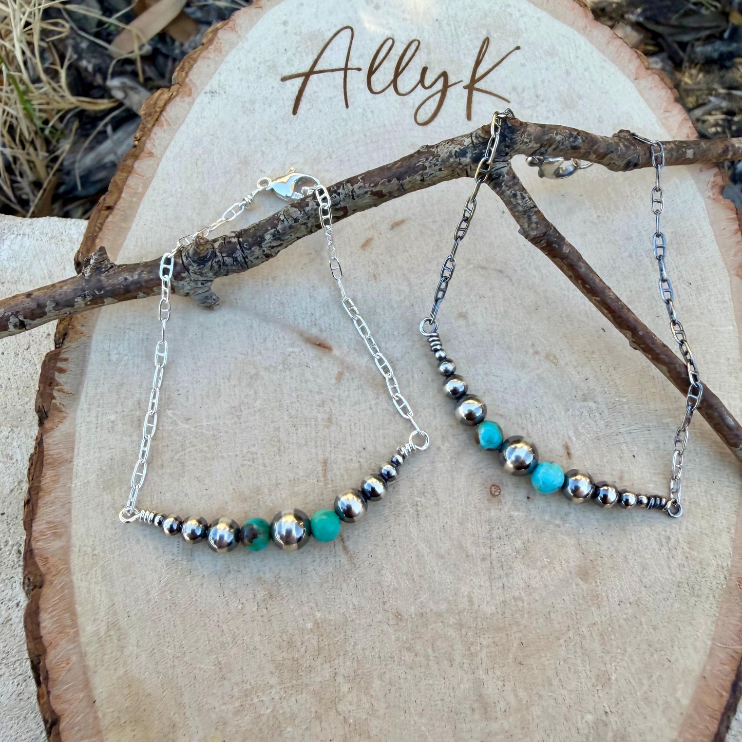 Navajo Pearl & Turquoise Graduated Bar Chain Bracelet | Sterling Silver Southwest Elegance