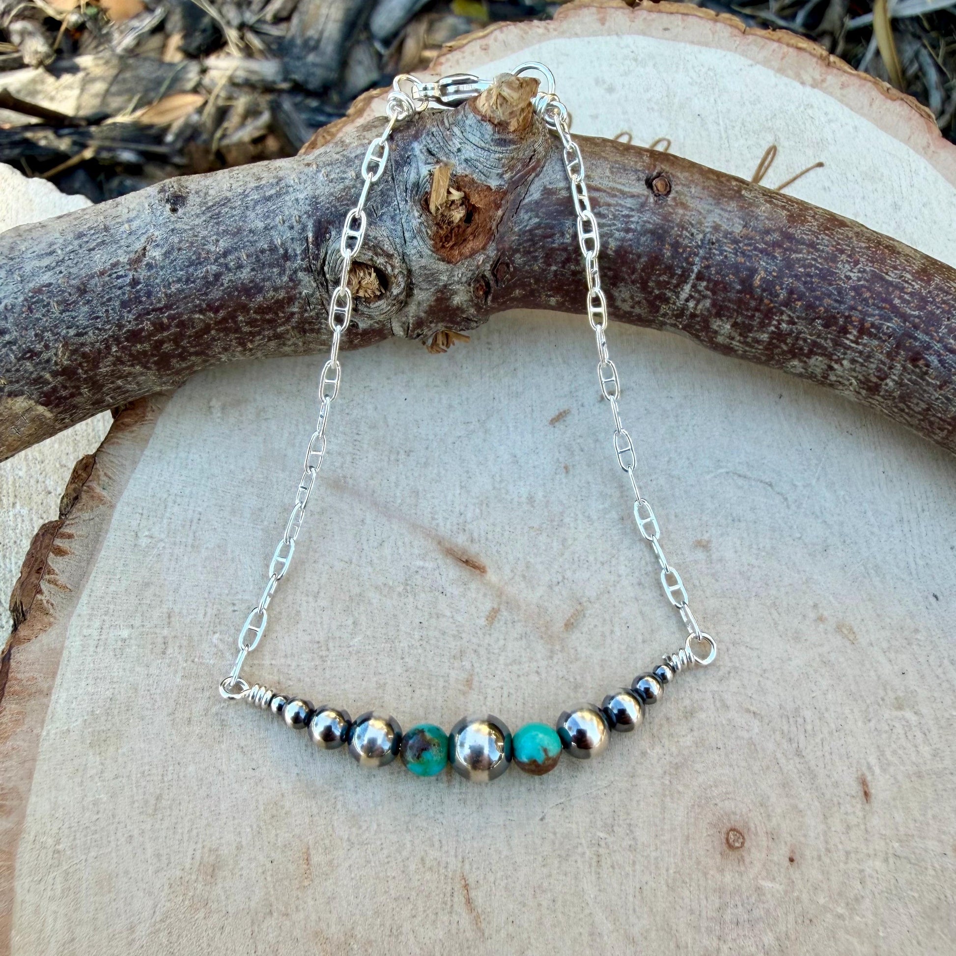 Navajo Pearl & Turquoise Graduated Bar Chain Bracelet | Sterling Silver Southwest Elegance