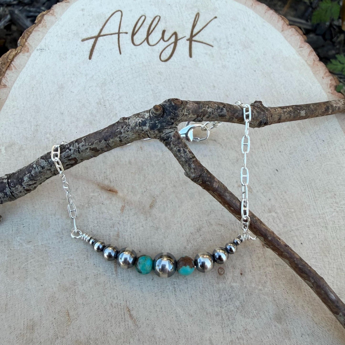 Navajo Pearl & Turquoise Graduated Bar Chain Bracelet | Sterling Silver Southwest Elegance