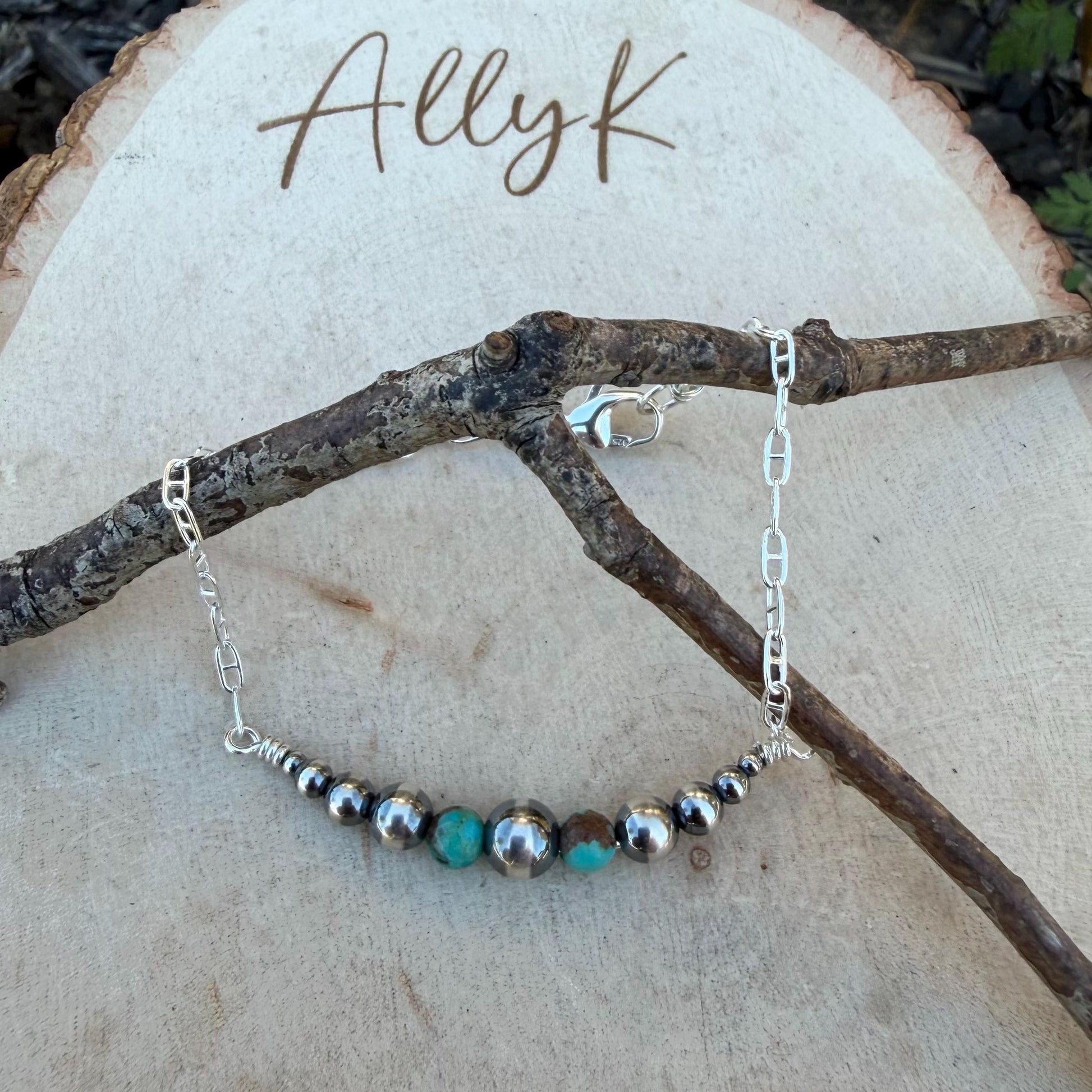 Navajo Pearl & Turquoise Graduated Bar Chain Bracelet | Sterling Silver Southwest Elegance