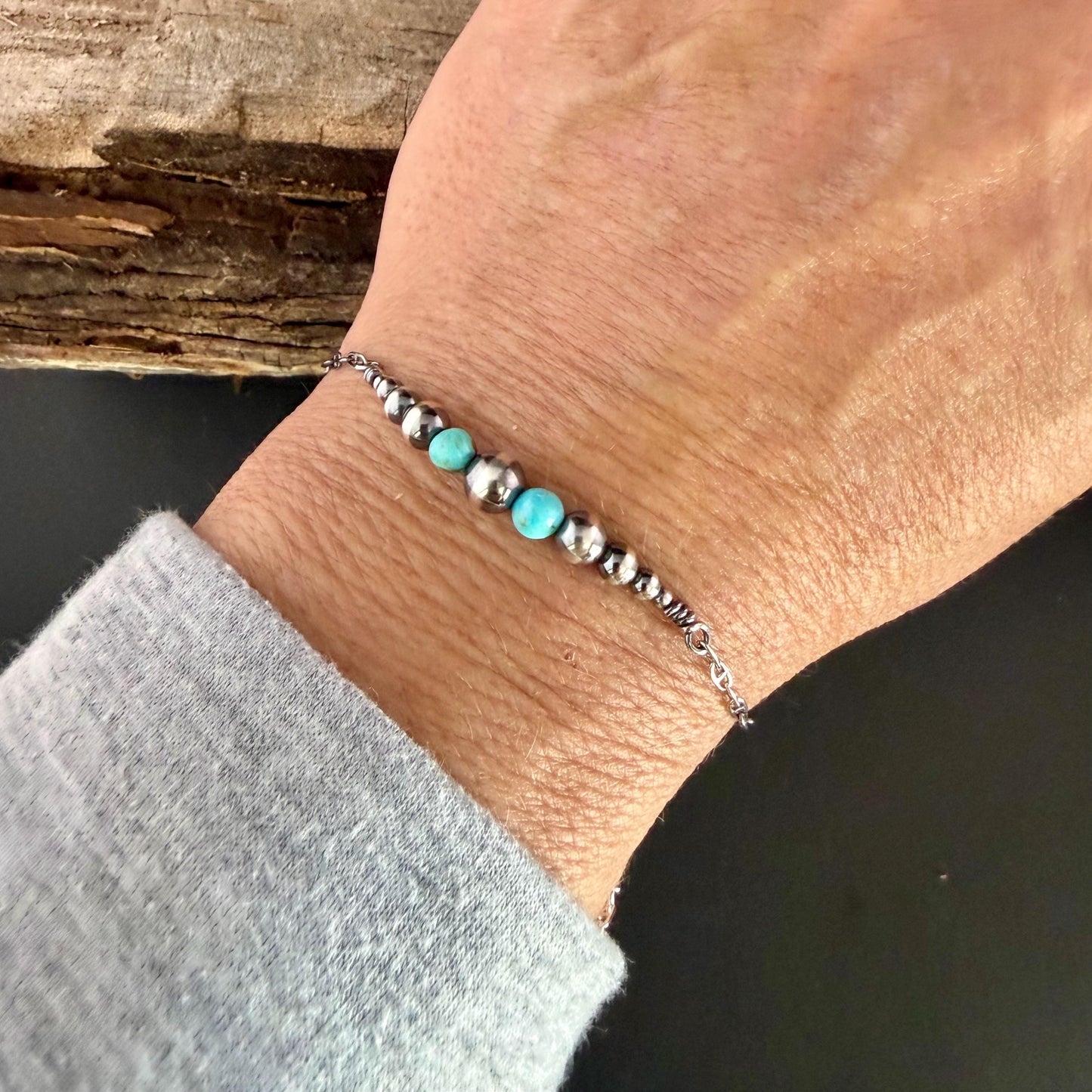 Navajo Pearl & Turquoise Graduated Bar Chain Bracelet | Sterling Silver Southwest Elegance