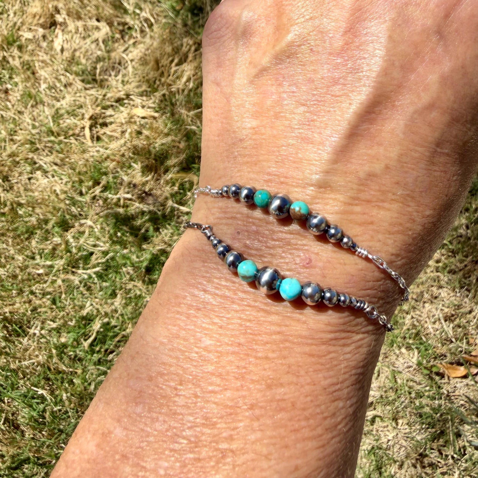 Navajo Pearl & Turquoise Graduated Bar Chain Bracelet | Sterling Silver Southwest Elegance
