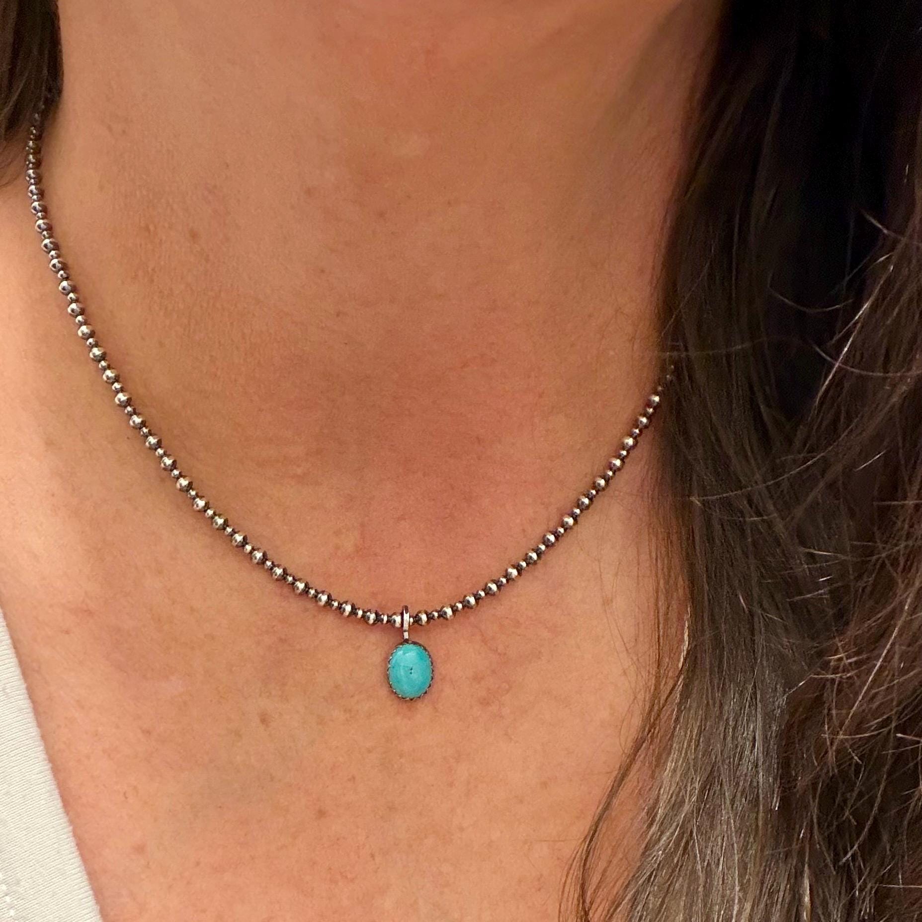 Sterling Silver Navajo Pearl Necklace • Dainty 2mm 3mm Pearls • Kingman Turquoise Pendant
