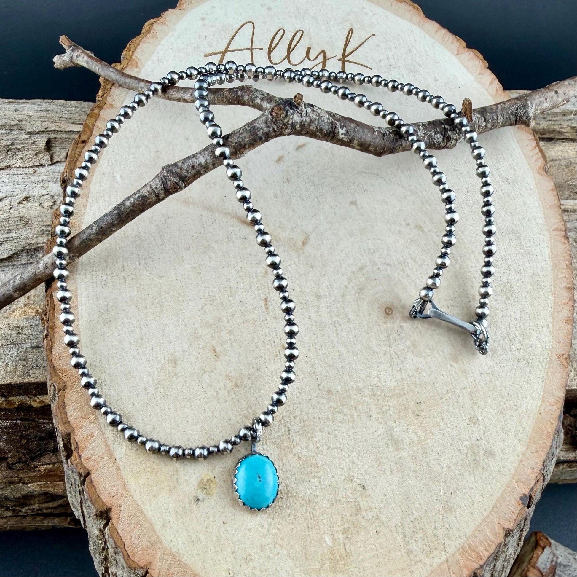 Sterling Silver Navajo Pearl Necklace • Dainty 2mm 3mm Pearls • Kingman Turquoise Pendant