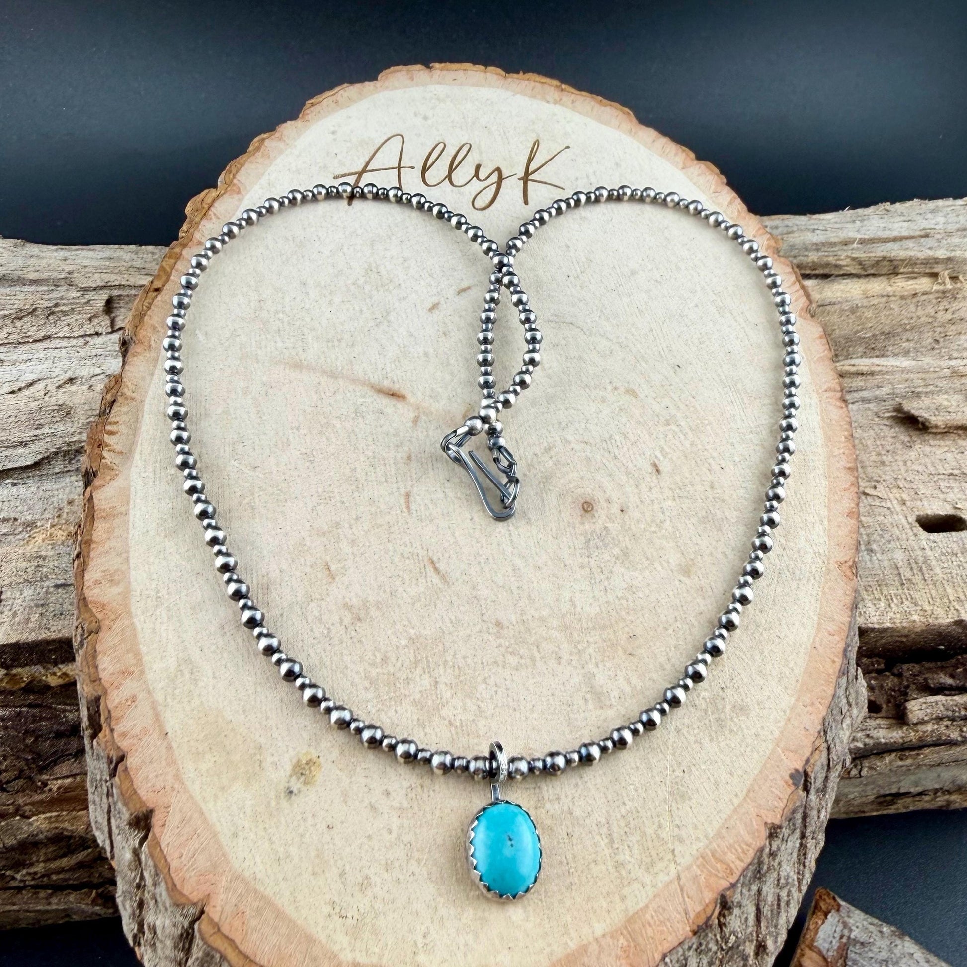 Sterling Silver Navajo Pearl Necklace • Dainty 2mm 3mm Pearls • Kingman Turquoise Pendant