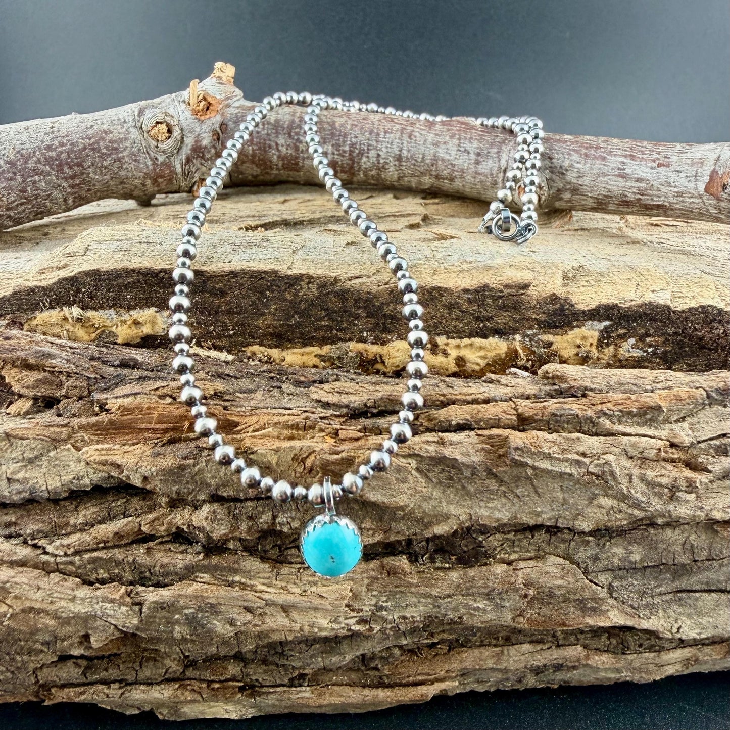 Sterling Silver Navajo Pearl Necklace • Dainty 2mm 3mm Pearls • Kingman Turquoise Pendant
