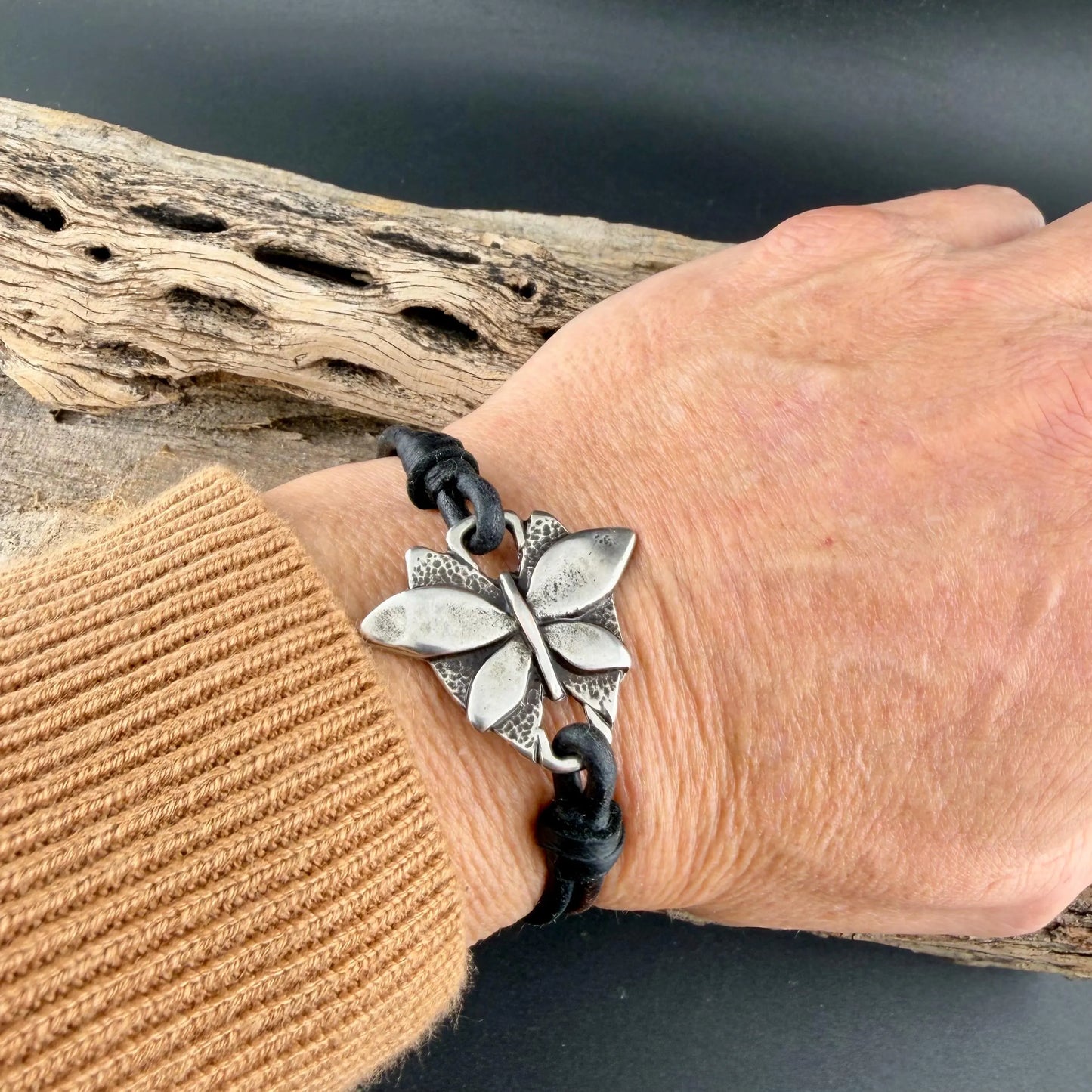 Black & Brown Leather Bracelet • Butterfly Wrap • Rustic Double Strand