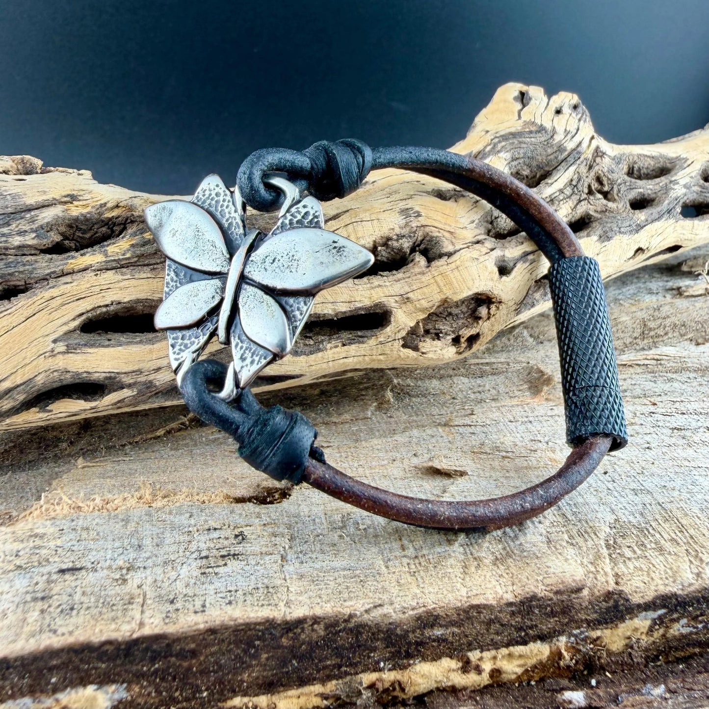 Black & Brown Leather Bracelet • Butterfly Wrap • Rustic Double Strand