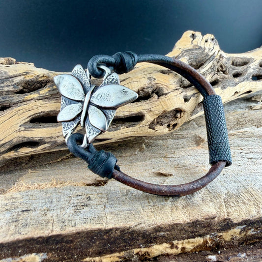 Black & Brown Leather Bracelet • Butterfly Wrap • Rustic Double Strand