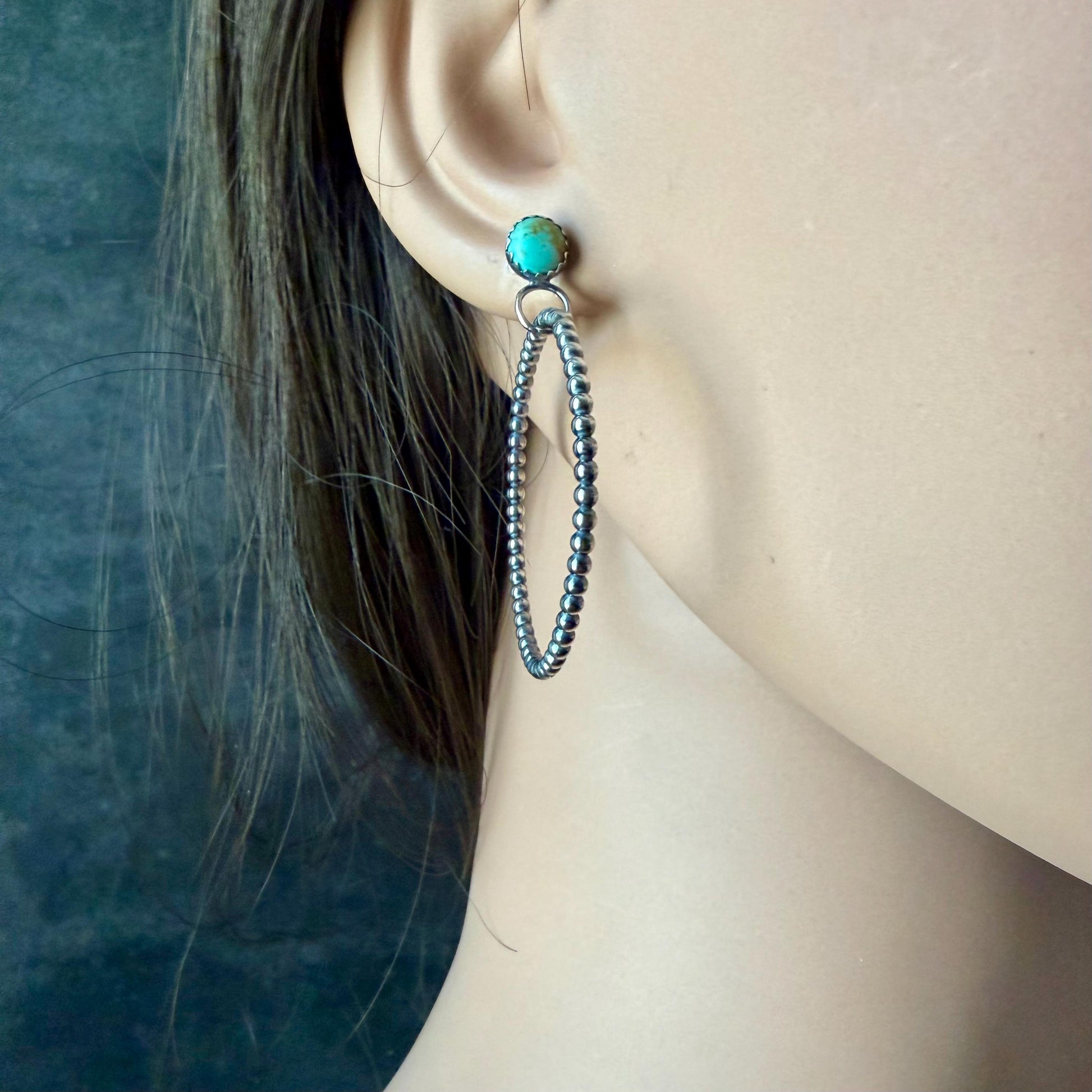 Sterling Silver Turquoise Hoop & Post Earrings • 6mm Kingman Turquoise • Custom Size