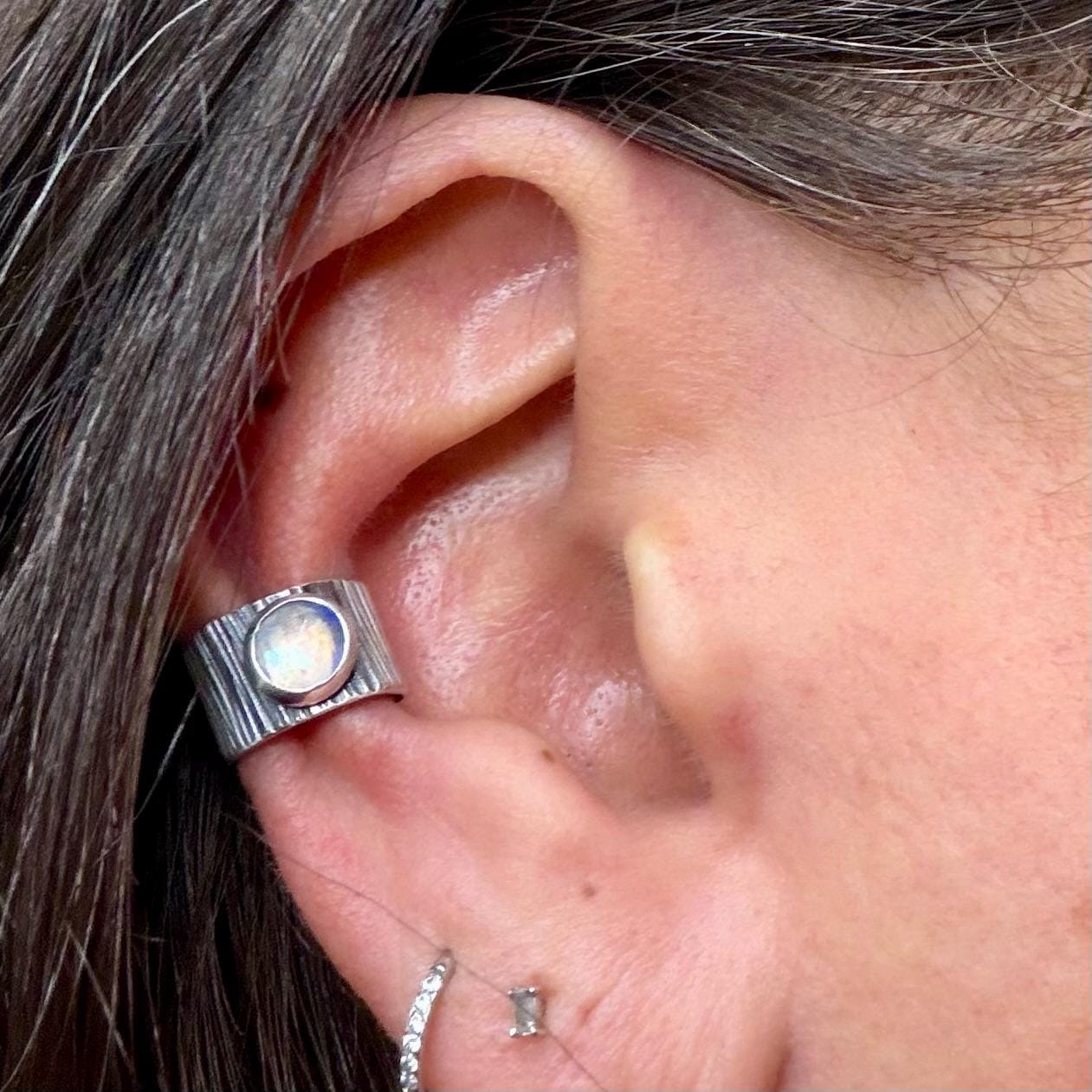 Sterling Silver Moonstone Ear Cuff • Deep Textured Band • Faux Conch • No Piercing Needed