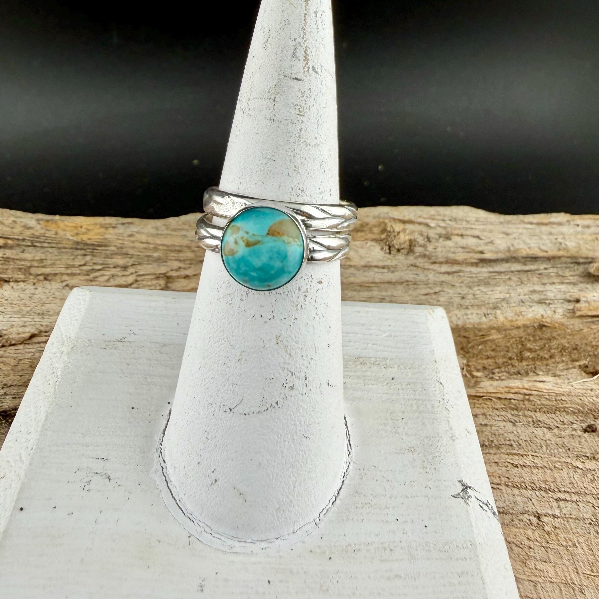 Kingman Turquoise Silver Stackable Rings - Argentium Leaf Band with Turquoise Cabochon