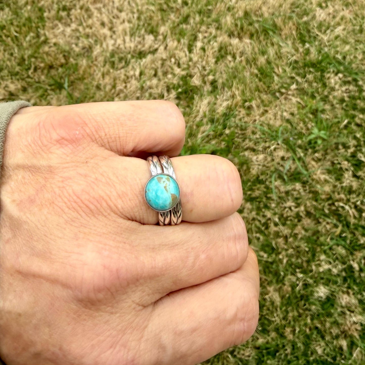 Kingman Turquoise Silver Stackable Rings - Argentium Leaf Band with Turquoise Cabochon
