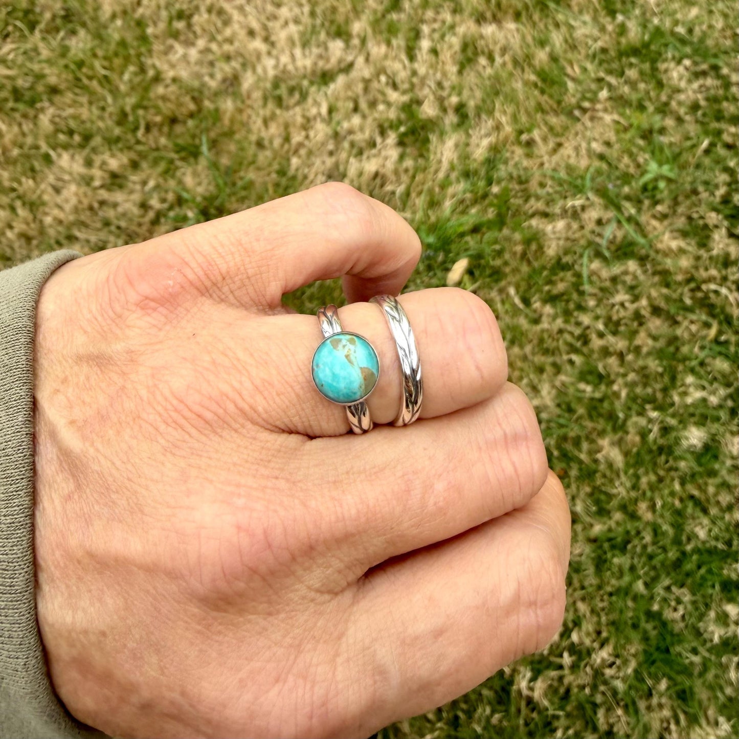 Kingman Turquoise Silver Stackable Rings - Argentium Leaf Band with Turquoise Cabochon