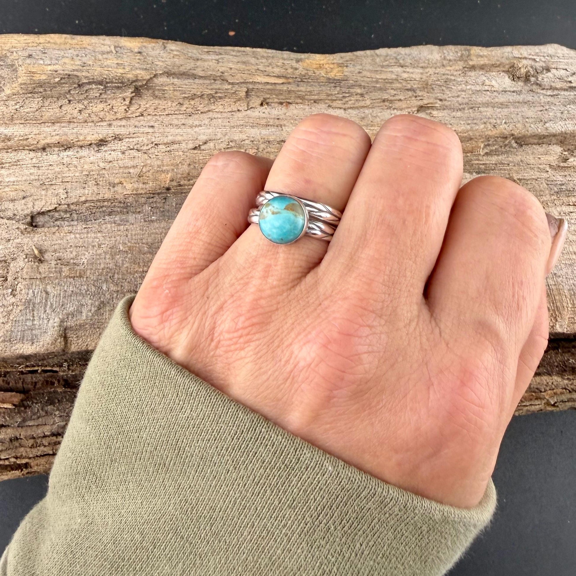 Kingman Turquoise Silver Stackable Rings - Argentium Leaf Band with Turquoise Cabochon