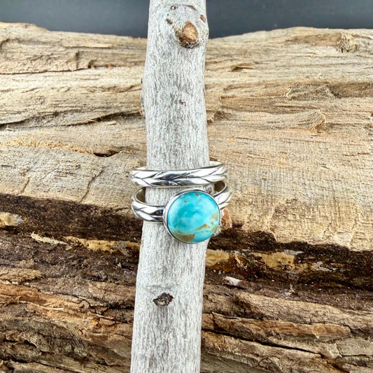Kingman Turquoise Silver Stackable Rings - Argentium Leaf Band with Turquoise Cabochon
