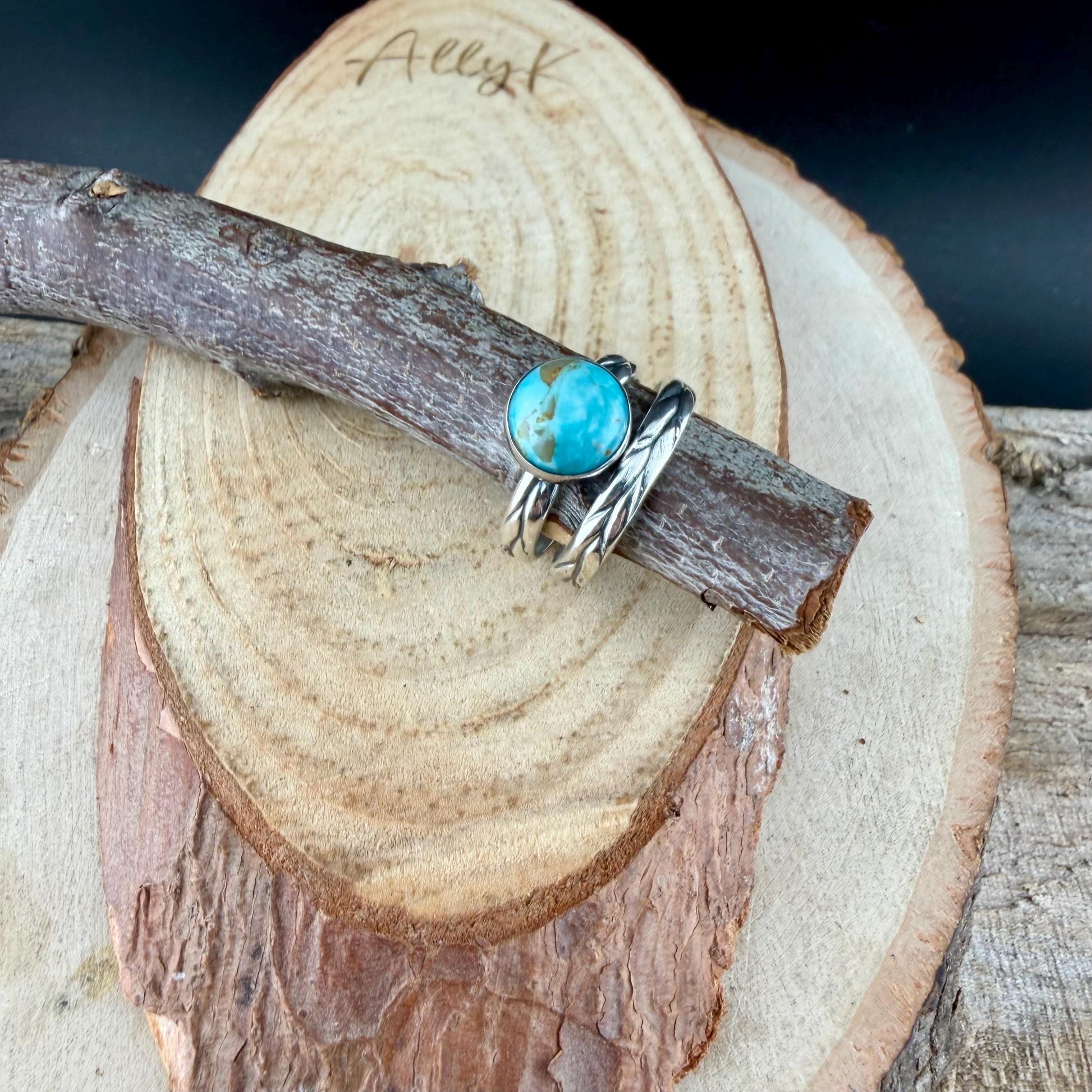 Kingman Turquoise Silver Stackable Rings - Argentium Leaf Band with Turquoise Cabochon
