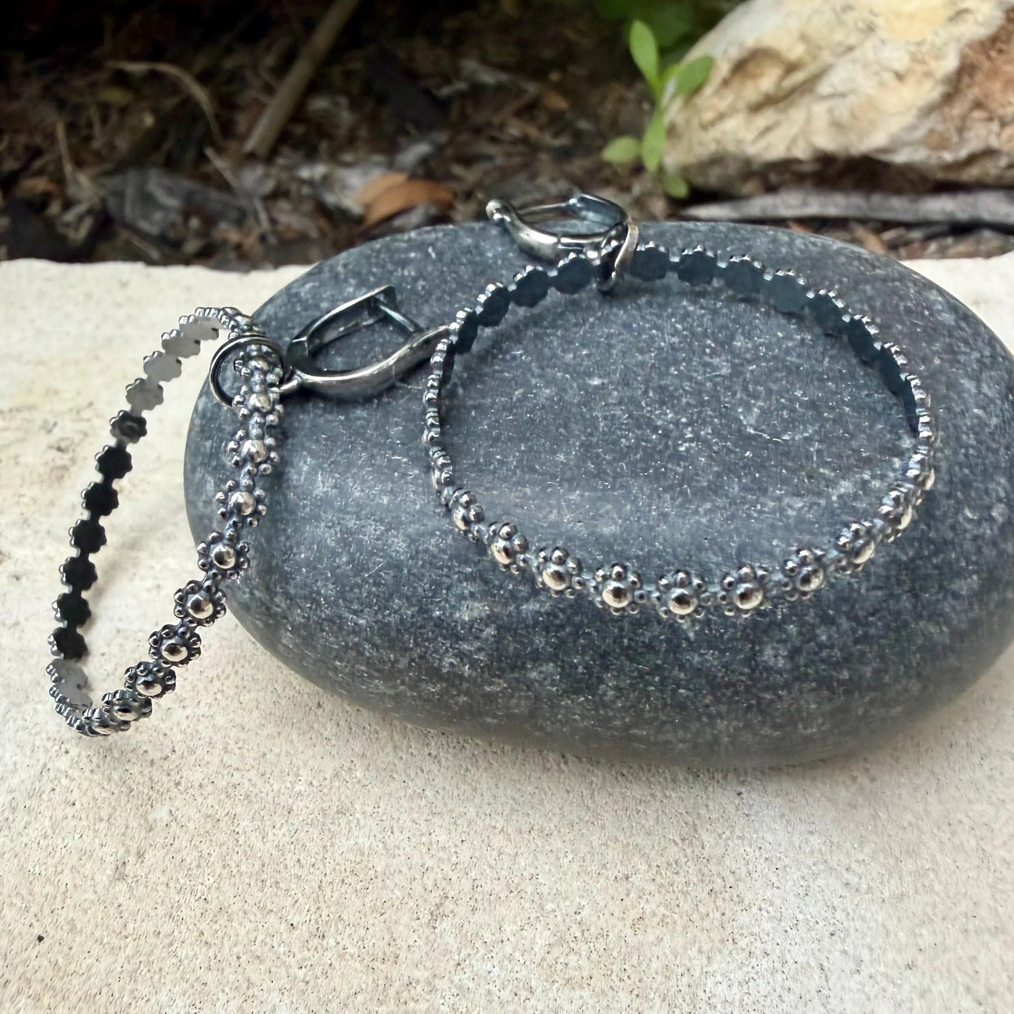 Sterling Silver Lever‑Back Hoop Earrings • Bali Berry Floral Patterned Wire • Handmade Hoops