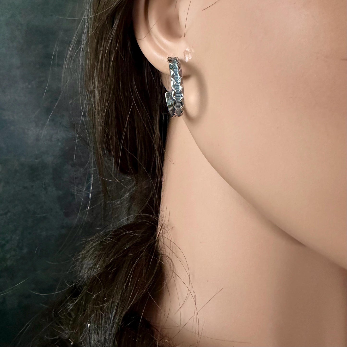 Sterling Silver Hoop Earrings • Ridged Linear Pattern Hoops • Push‑Back Post Style